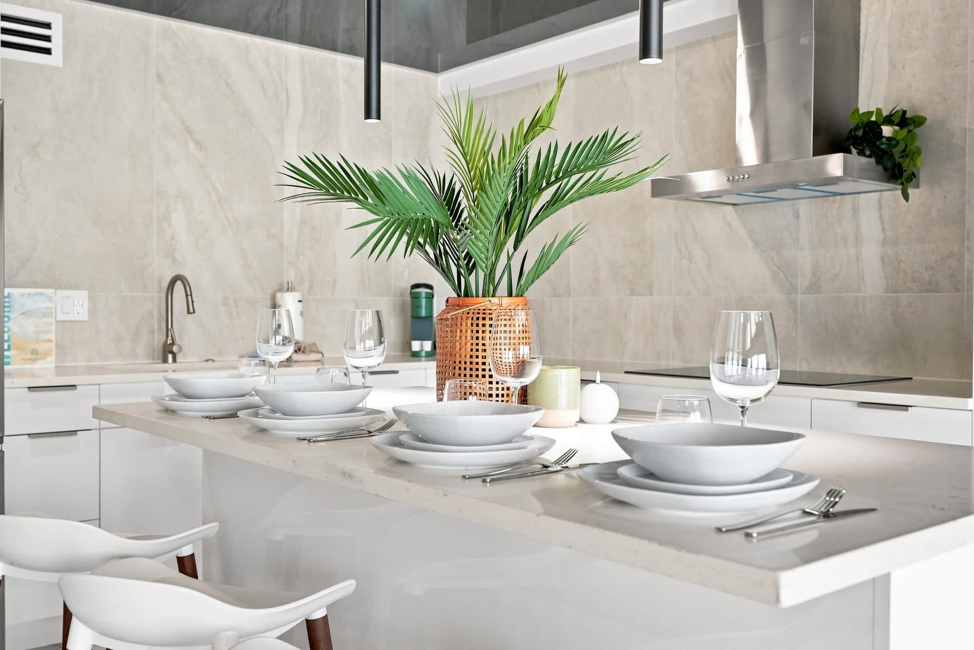The Summit 1512 – Modern kitchen countertop with plates, glassware, a plant centerpiece, and stainless steel appliances.