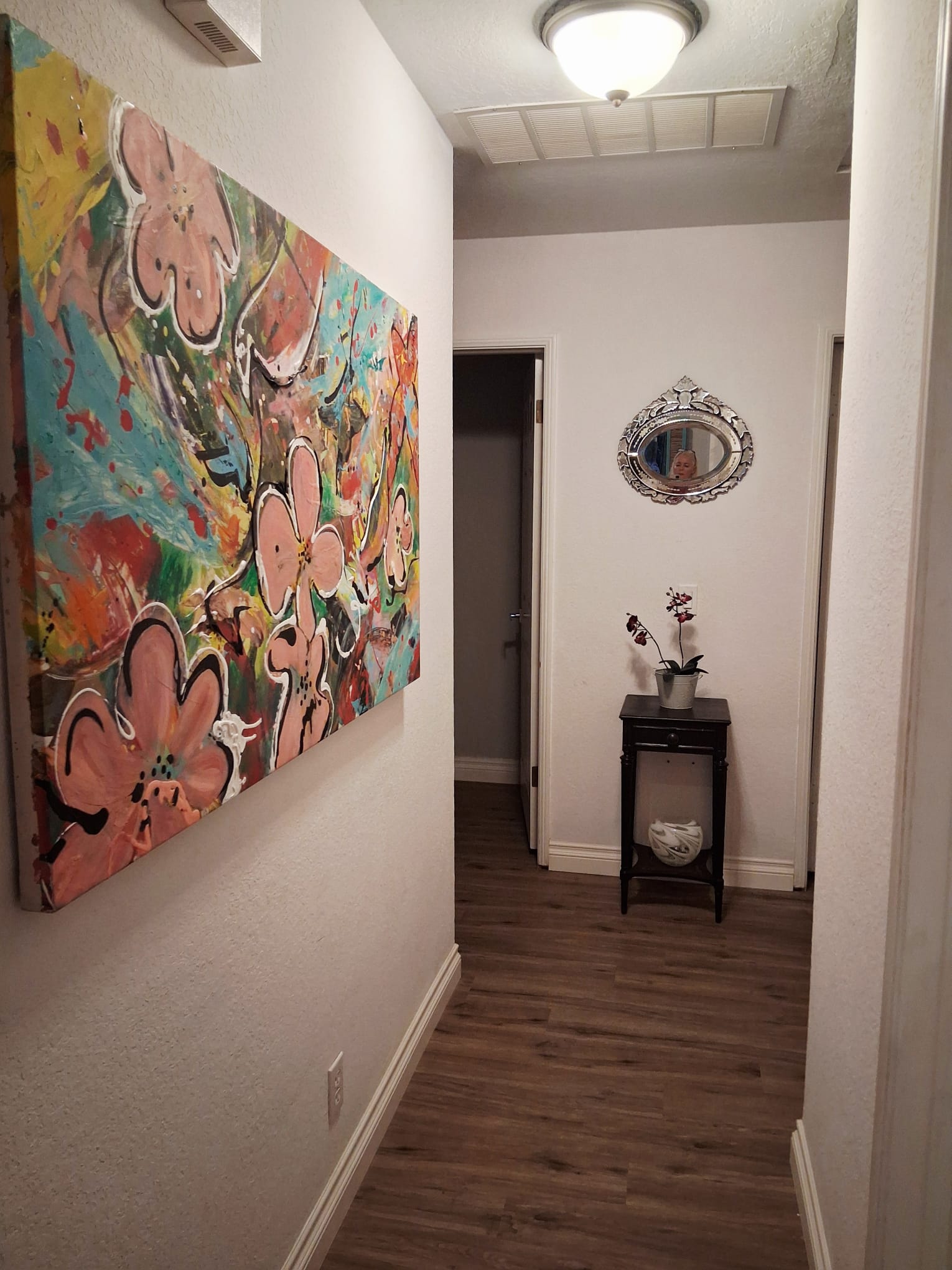 Hallway leading to bedrooms and bathrooms.
