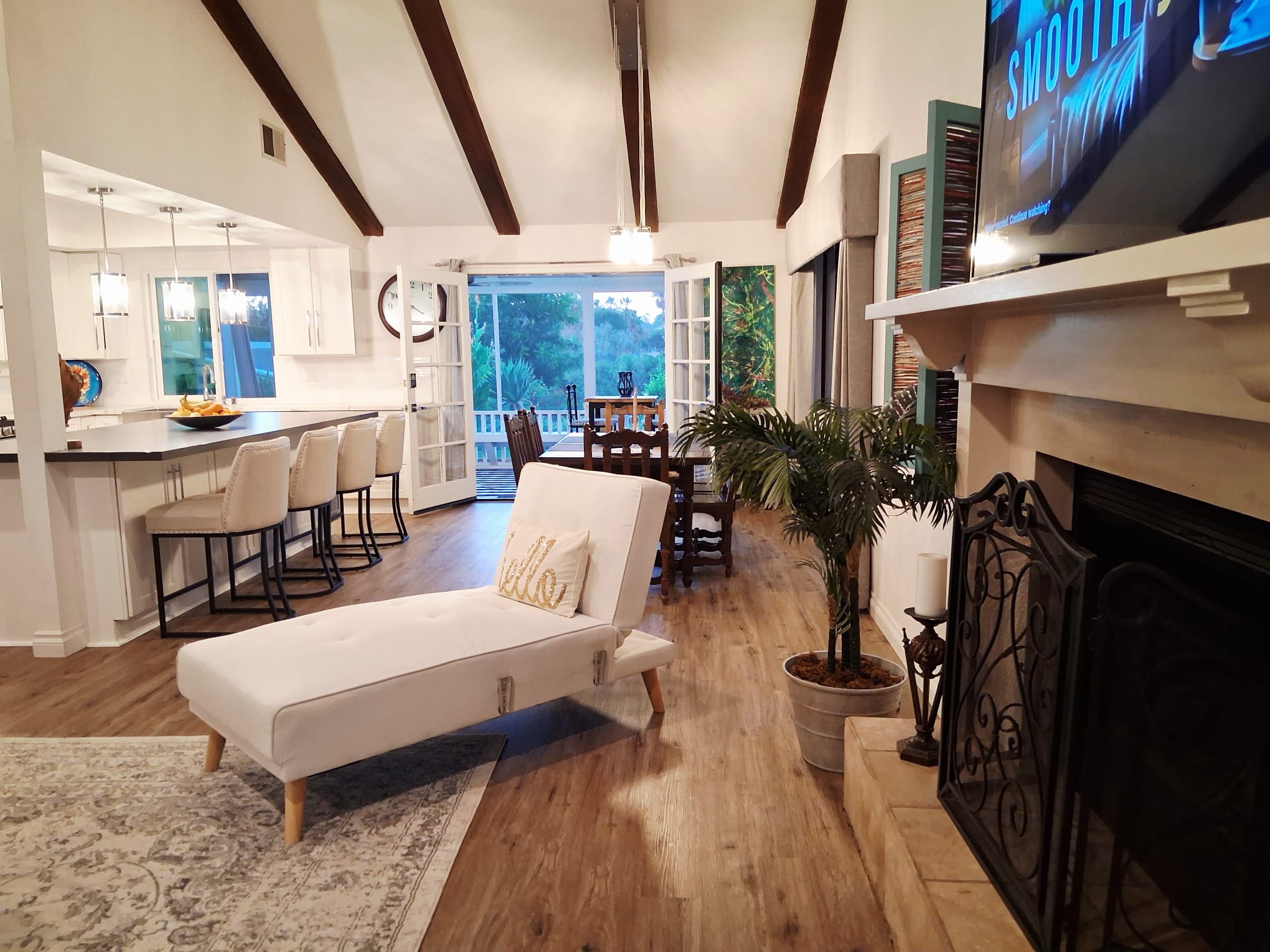 Open living concept of living room, dining room and kitchen