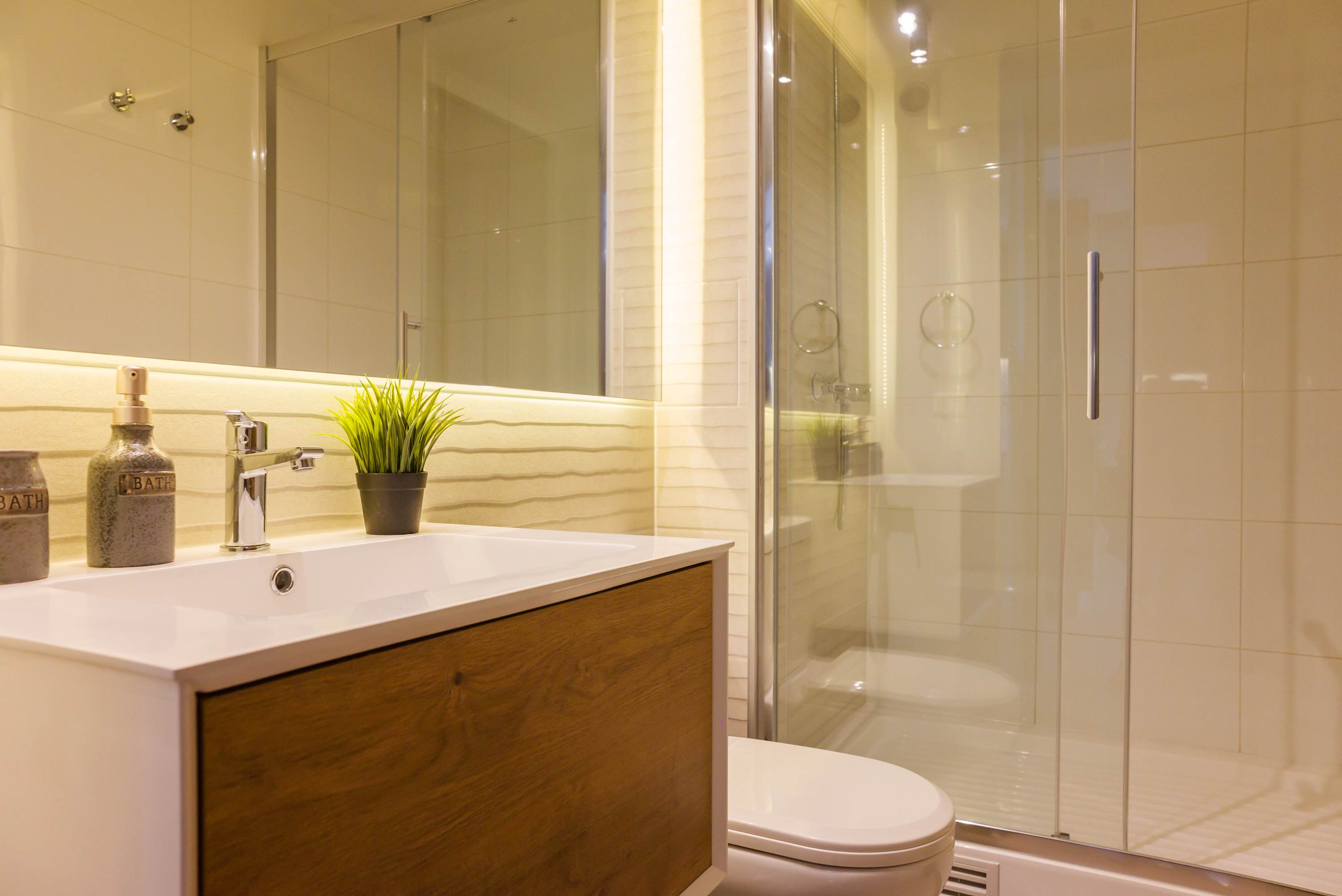 Private bathroom with a wood-front vanity, large mirror, and glass-enclosed shower.