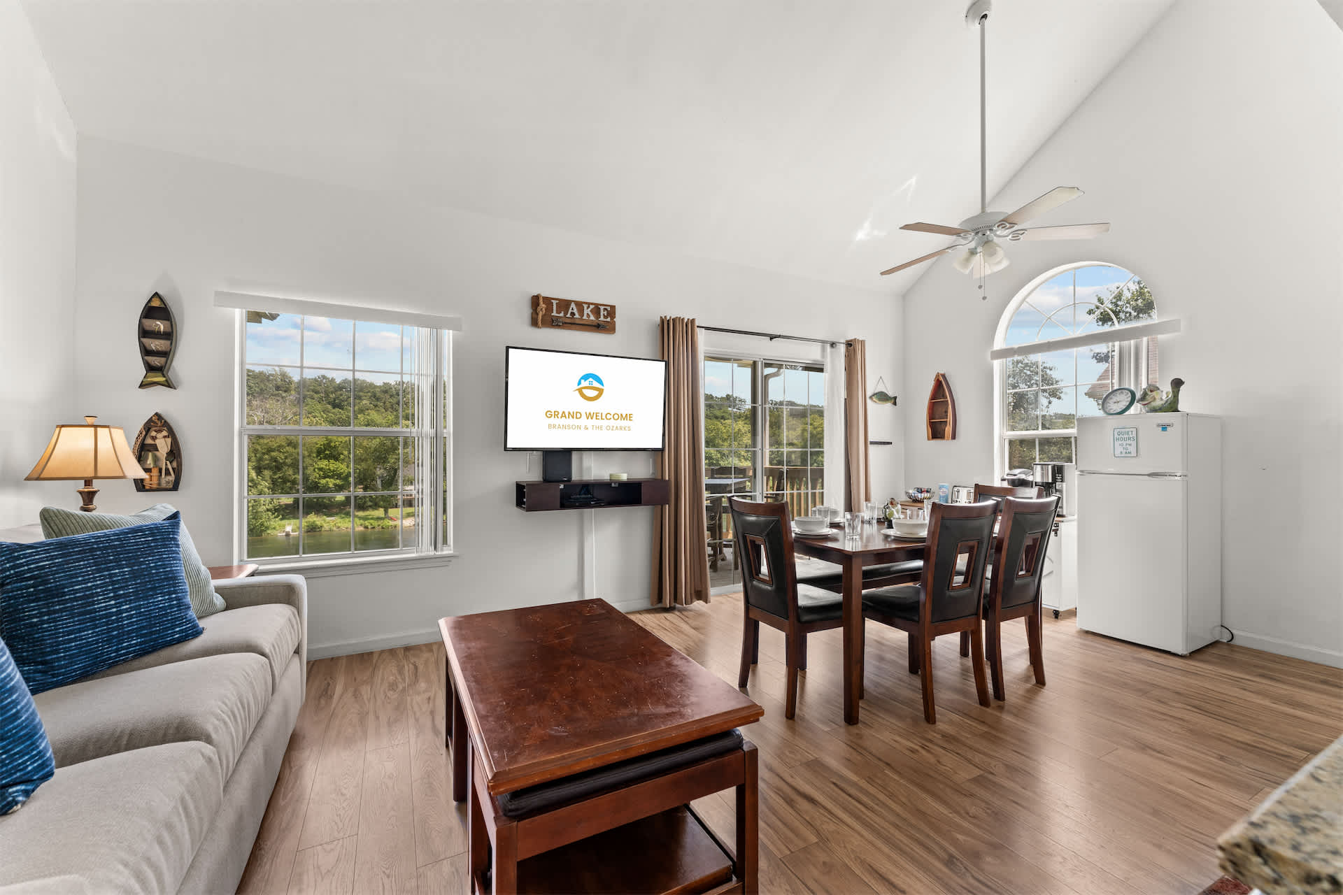 Curl up in the open living room & enjoy a movie with gorgeous water views