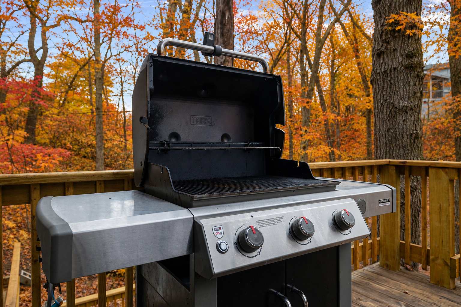 Deckside grill makes outdoor cooking easy among Southwest Michigan fall color.
