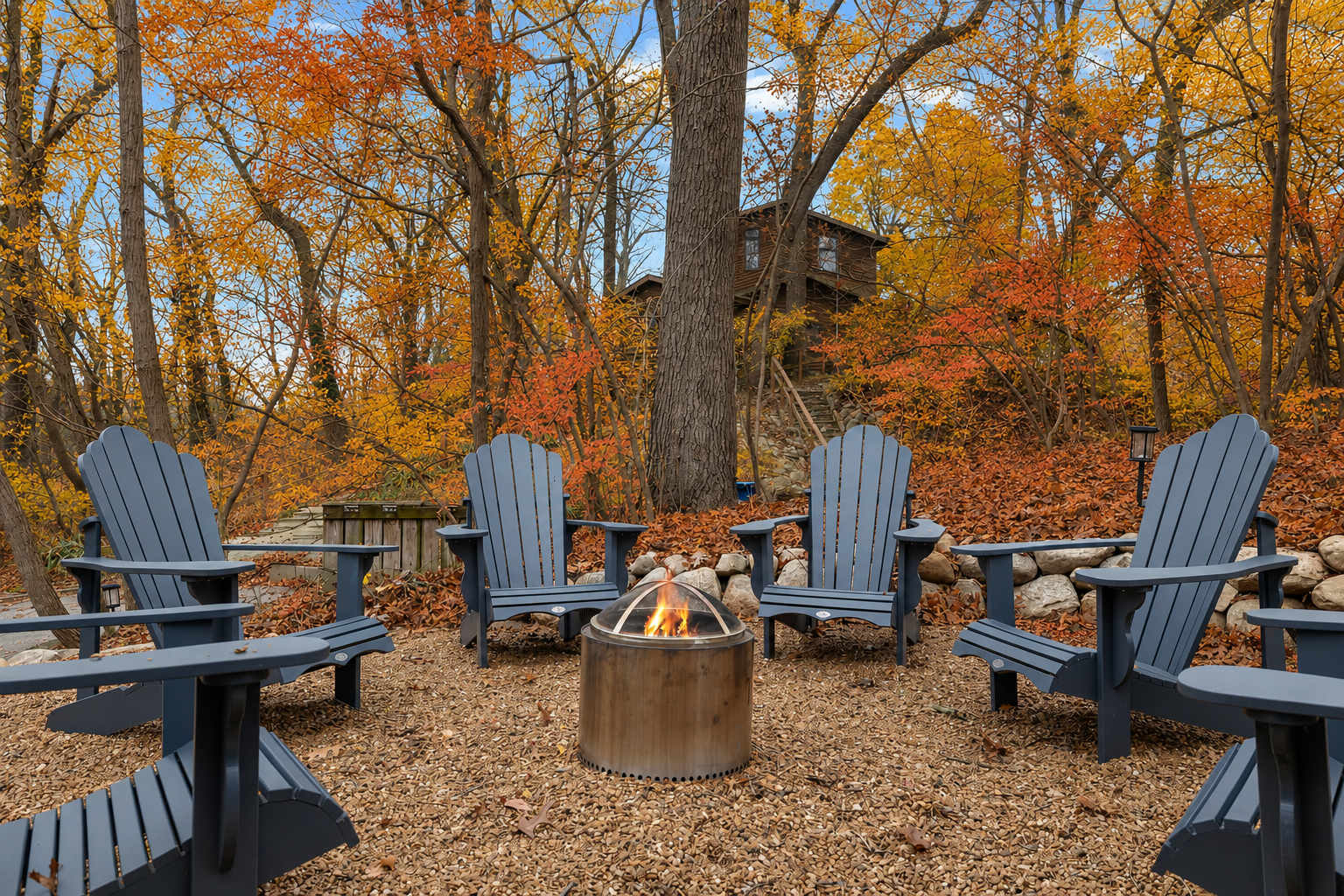 Outdoor fire pit offers front-row seating for Southwest Michigan fall foliage.