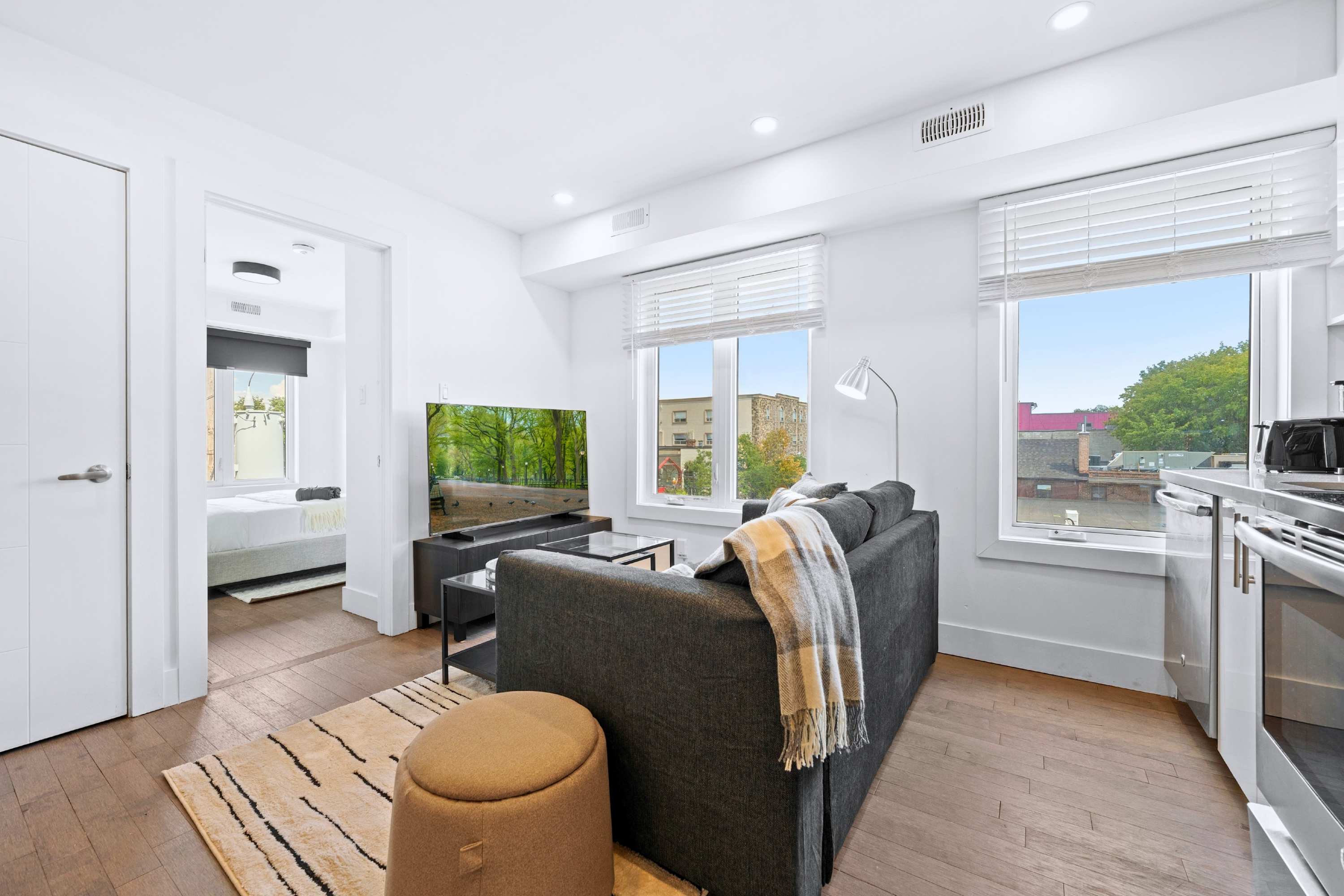 Cozy living space equipped for late-night streaming and movie marathons.