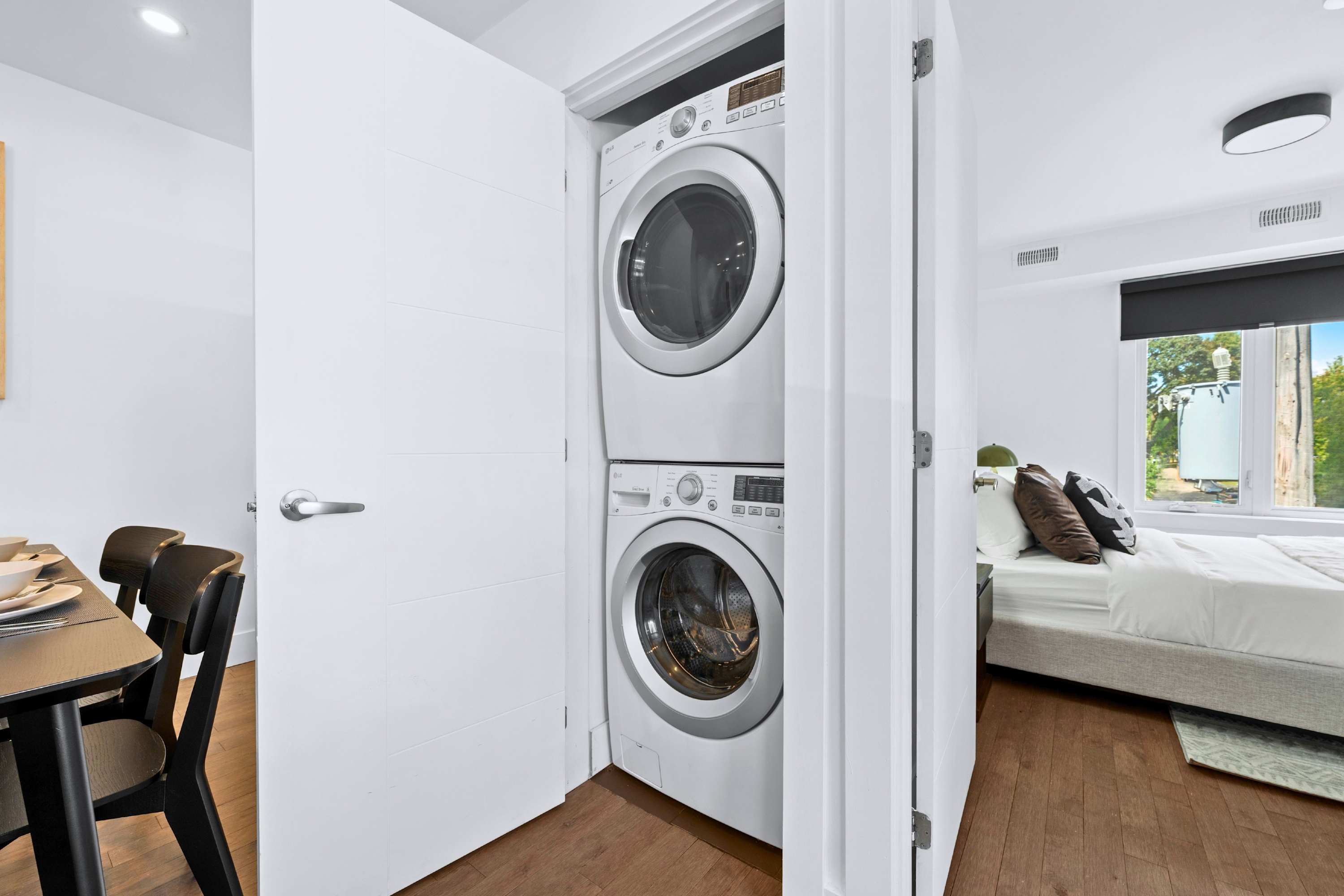 Stacked front-load washer and dryer for easy long-term stays