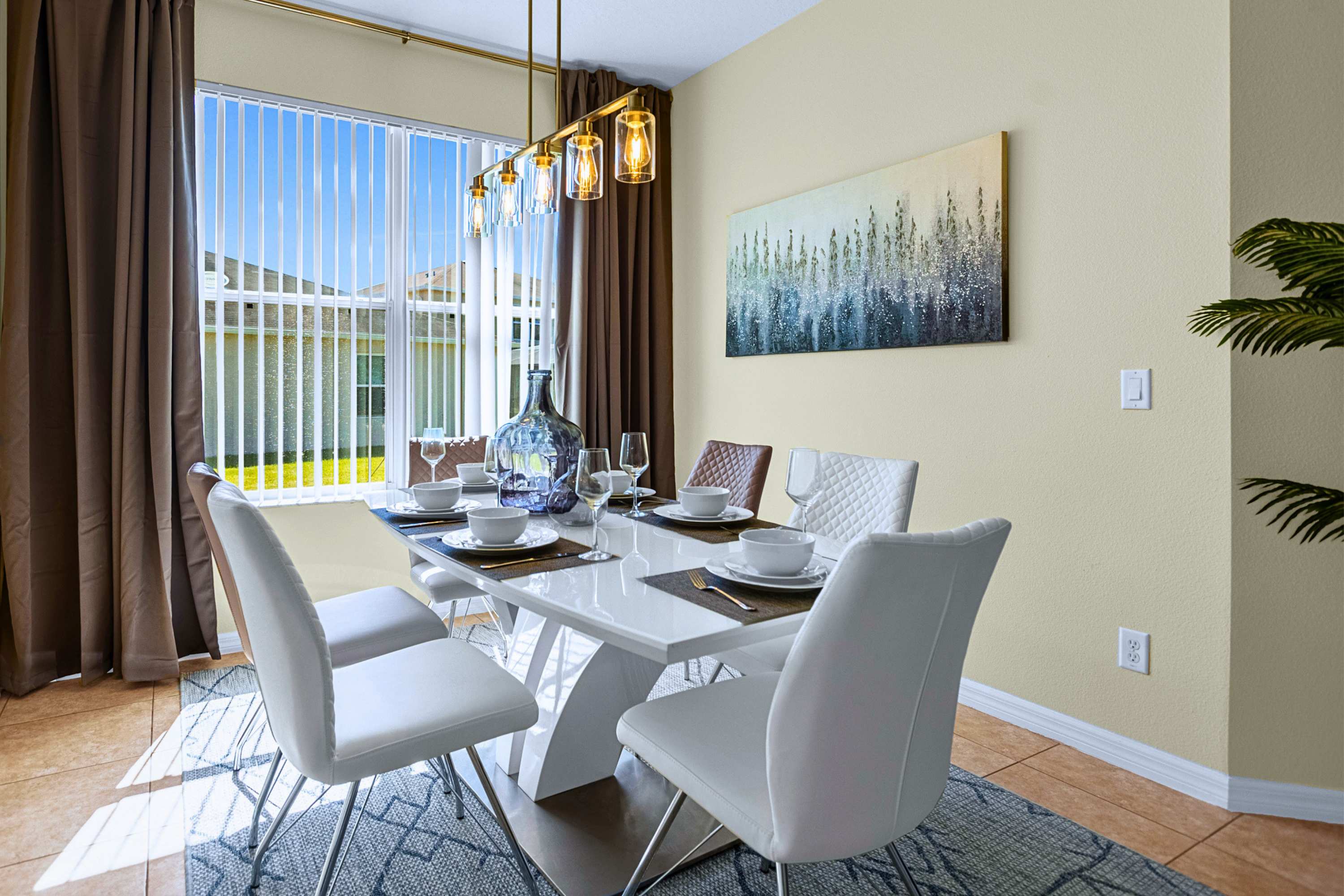 Elegant ambient lighting sets the perfect mood for group meals for 6