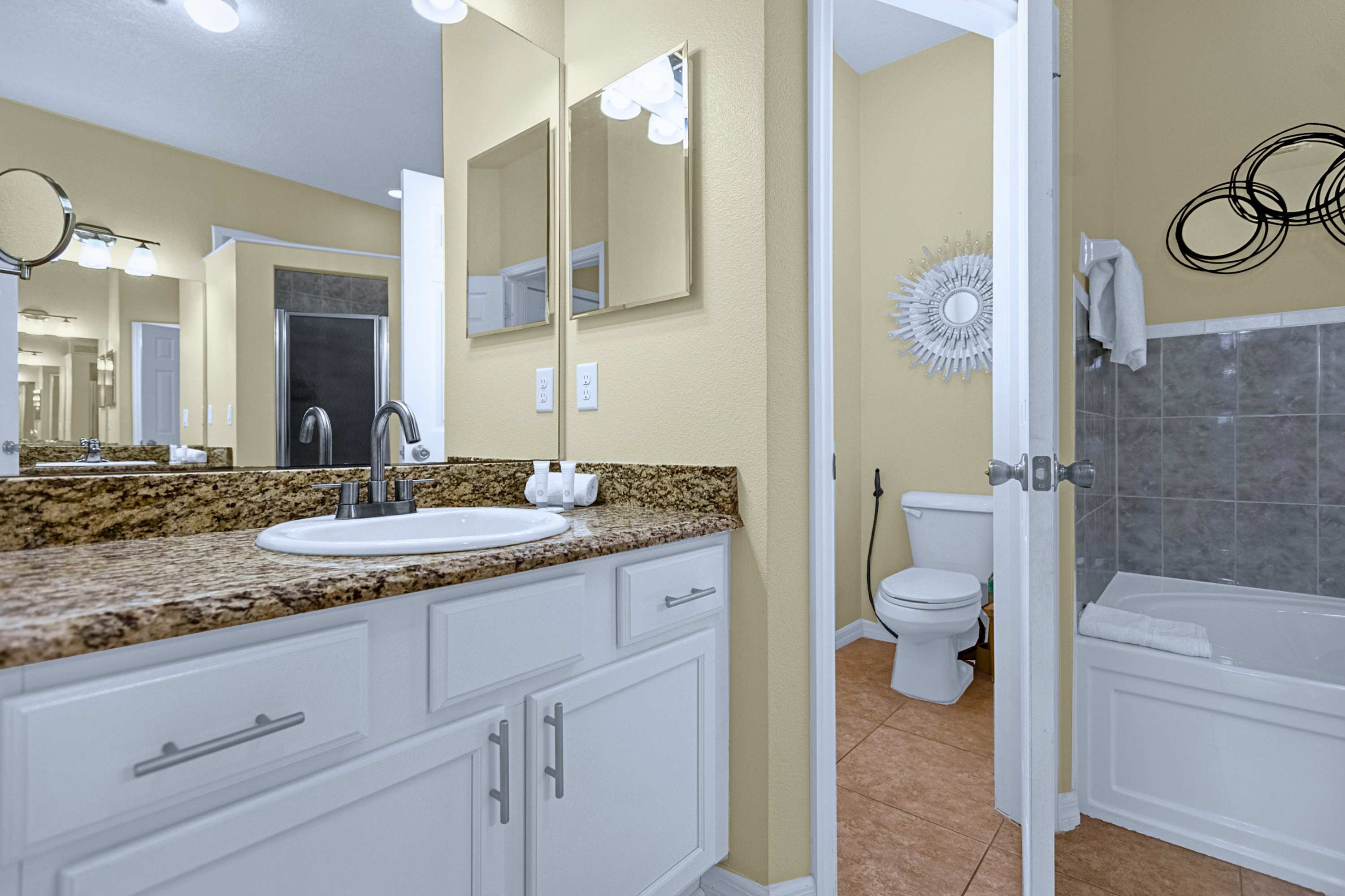 Relax and unwind in your private ensuite with soaking tub and shower!