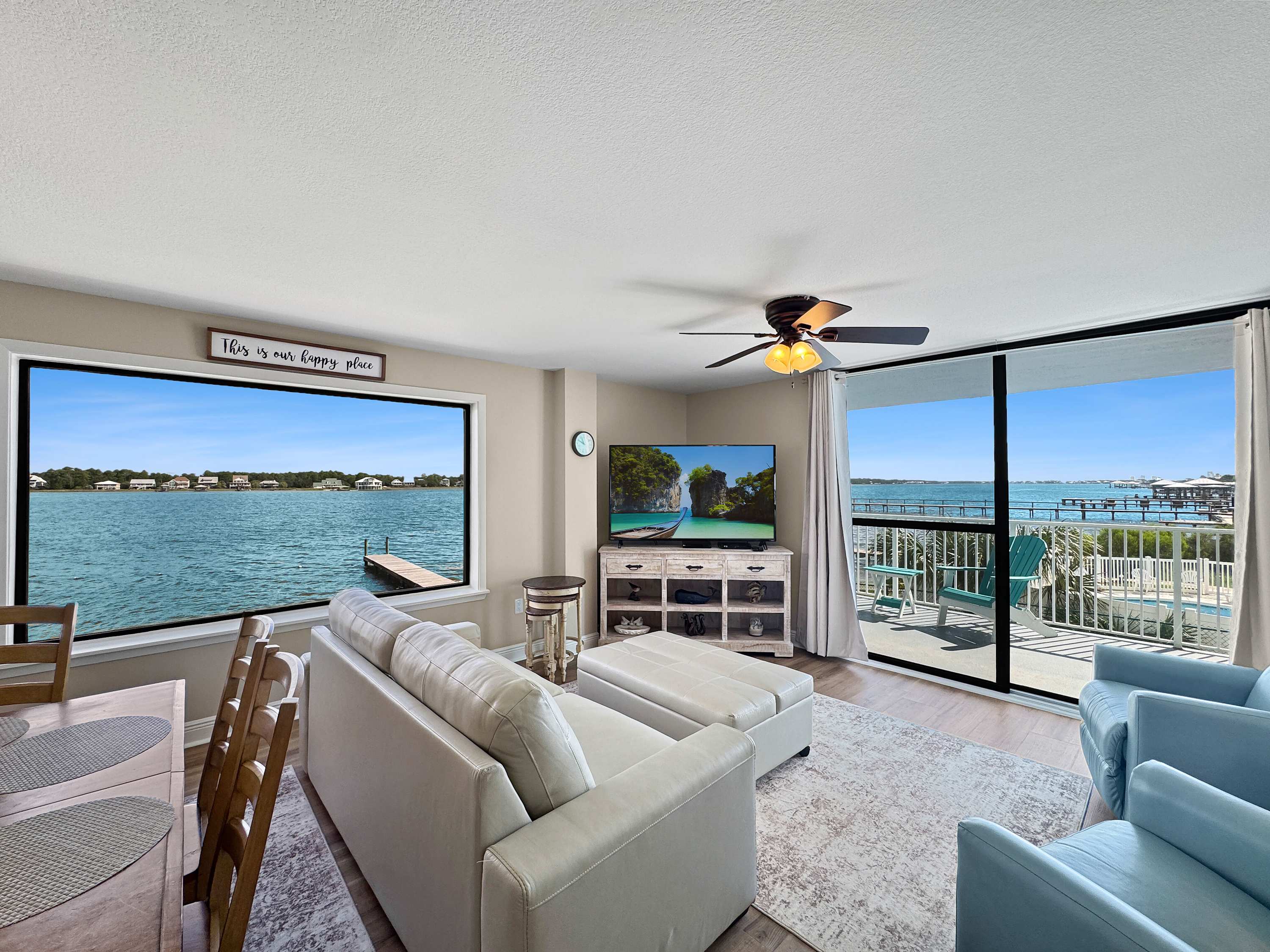 Unwind in the serene living room & enjoy a movie night at home​