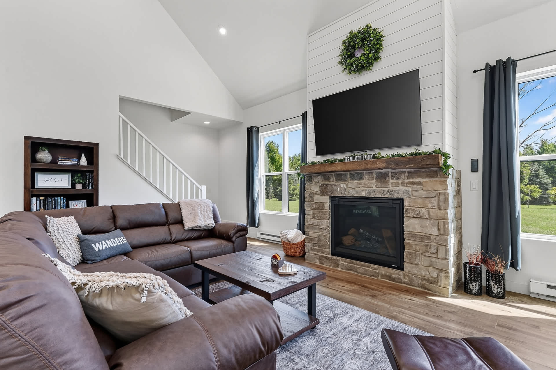 Large open living room-Fireplace and TV.