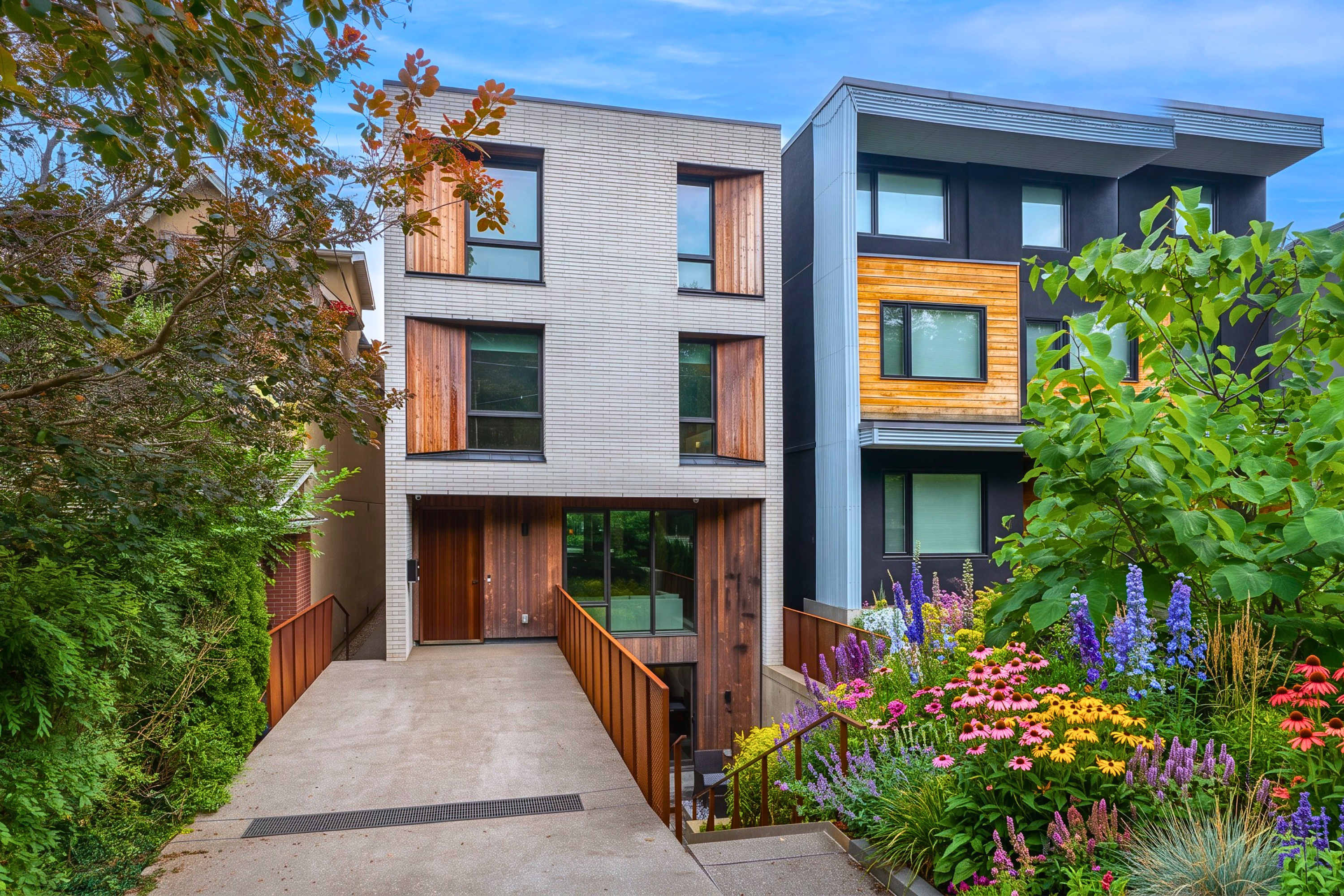 Modern exterior facade featuring stone finishes, timber accents, and garage entry.