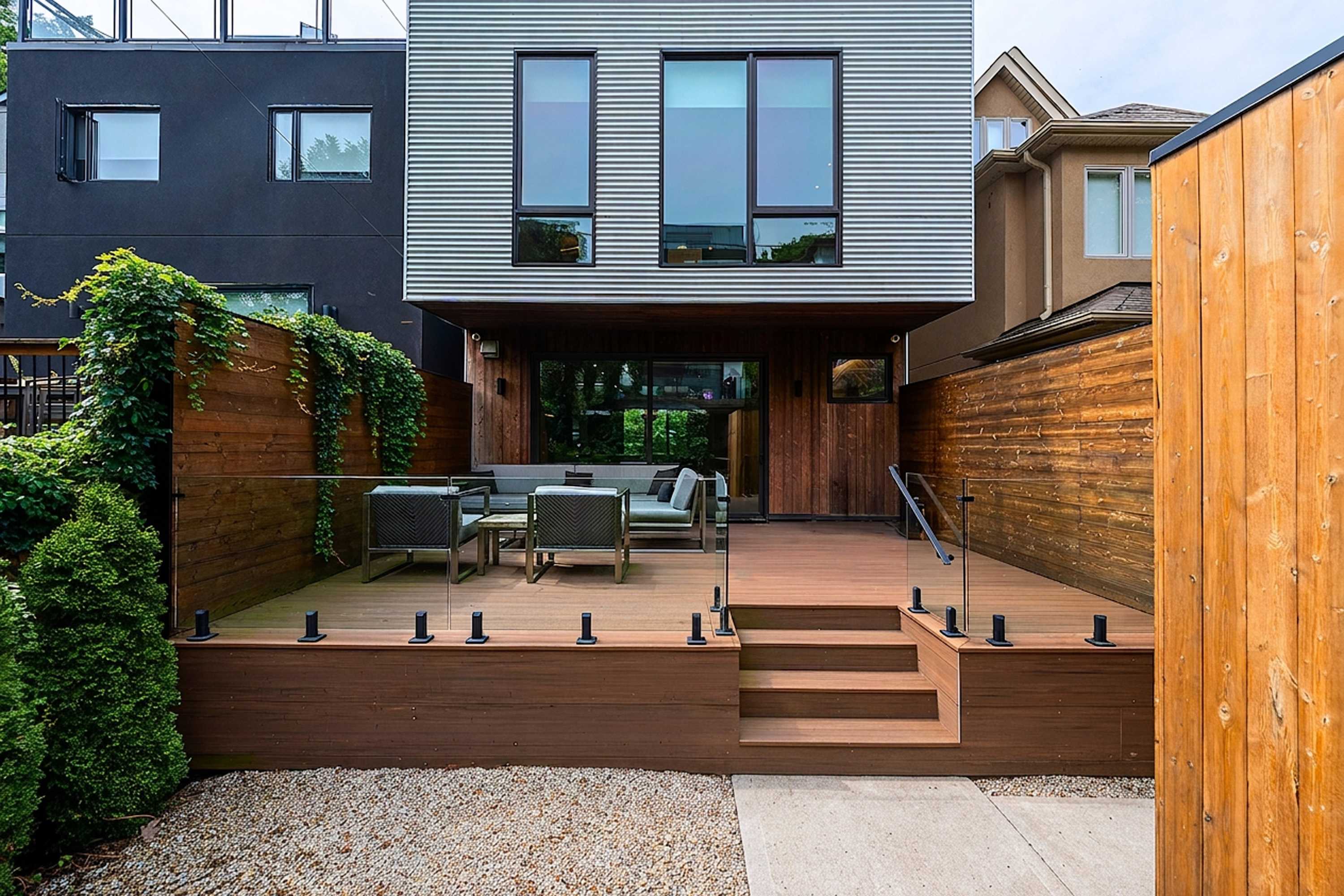 Multi-tiered outdoor deck with privacy fencing and secluded seating nook.