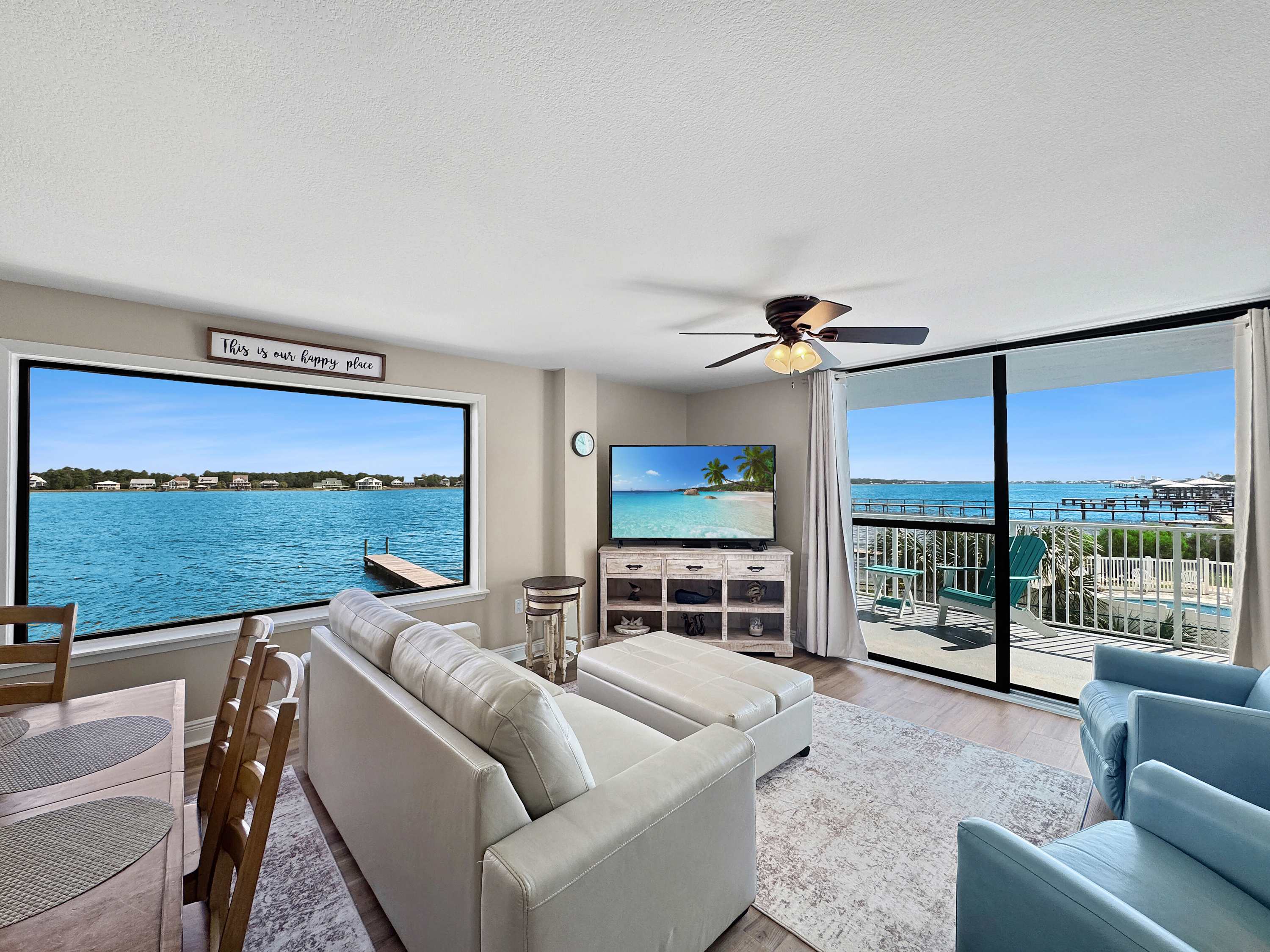 Unwind in the serene living room & enjoy a movie night at home​