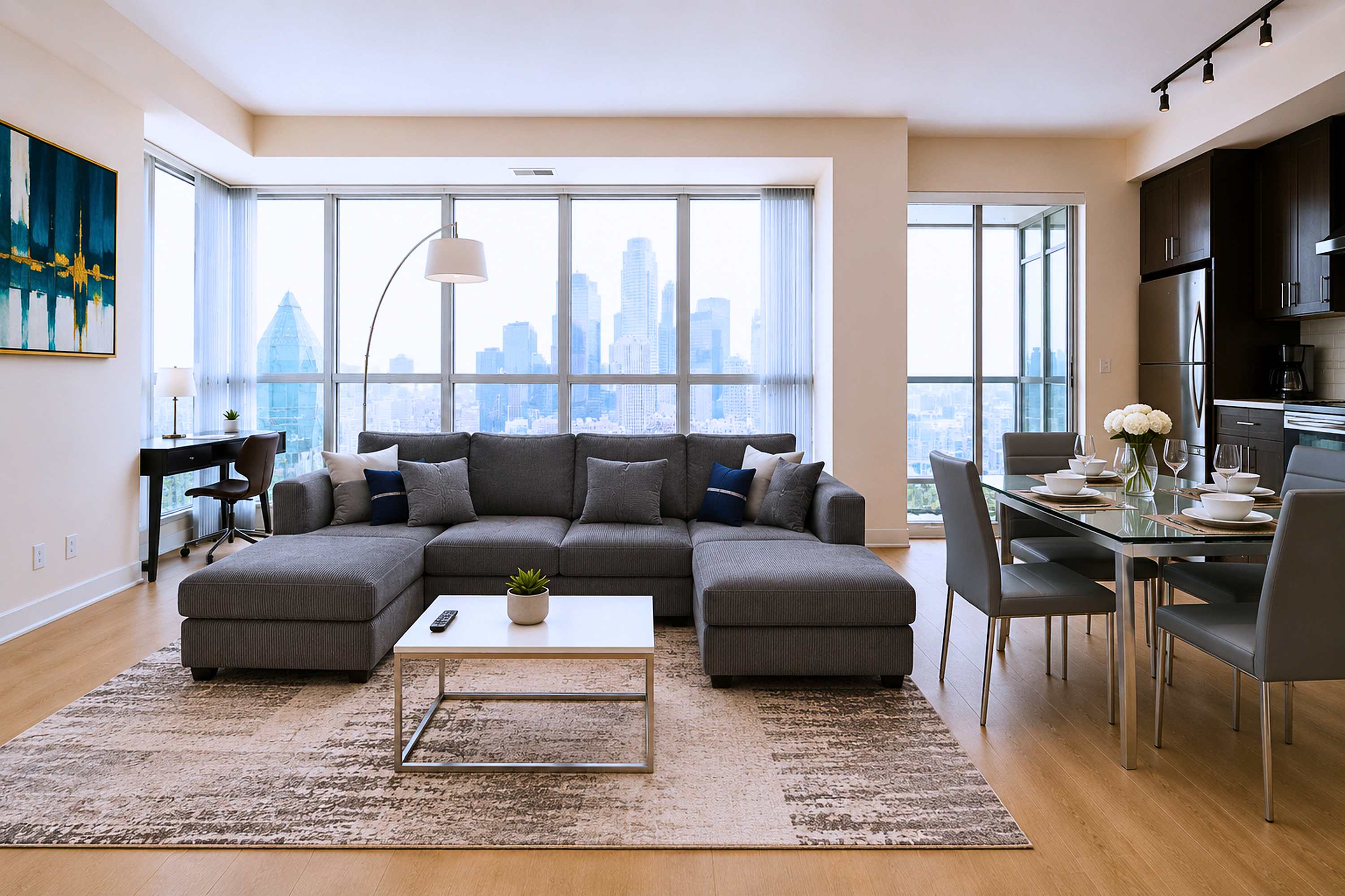 Enjoy meals and relaxation in the living-dining space with city views.