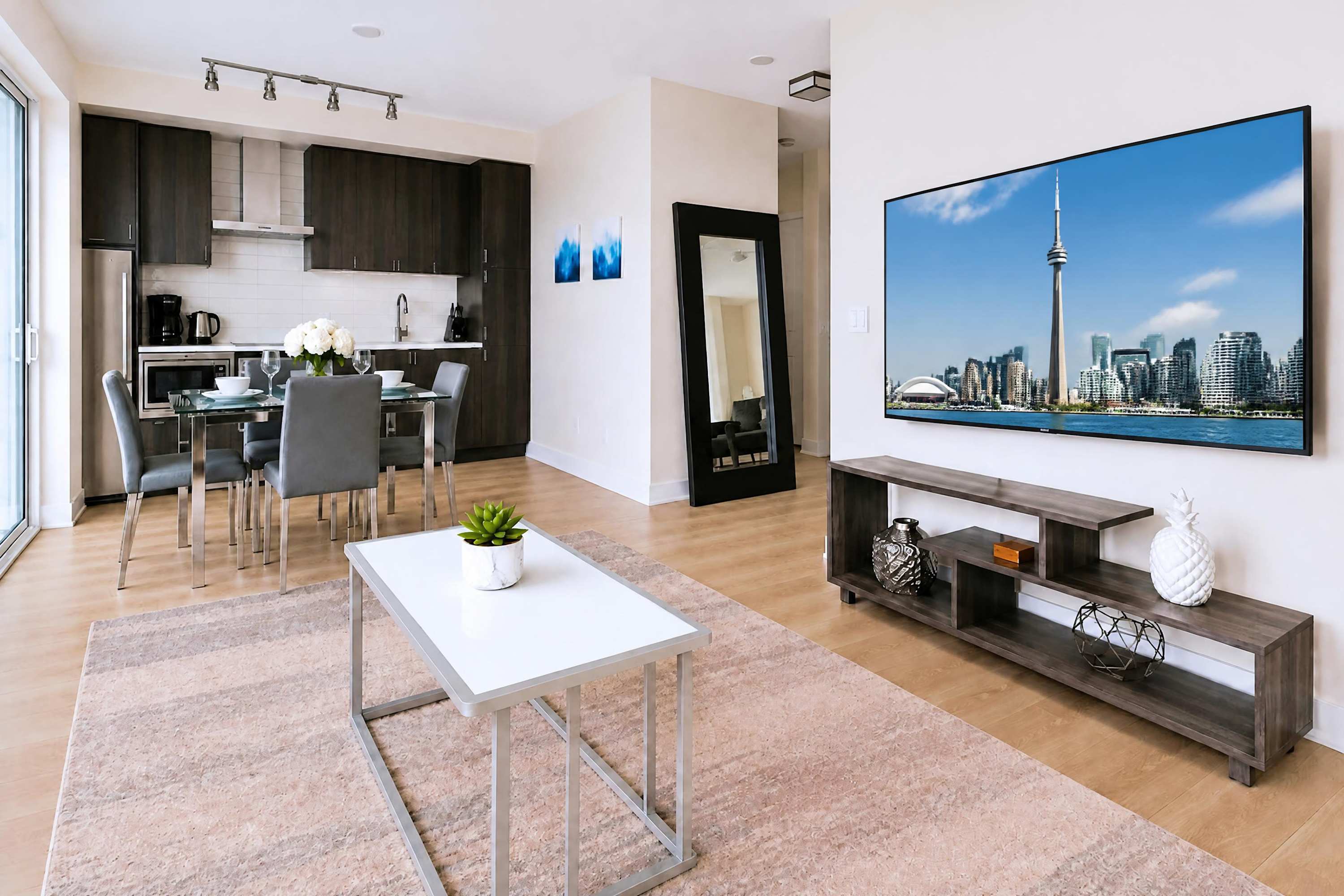 Relax and entertain with the TV, enjoy meals, and get ready by the full-length mirror.