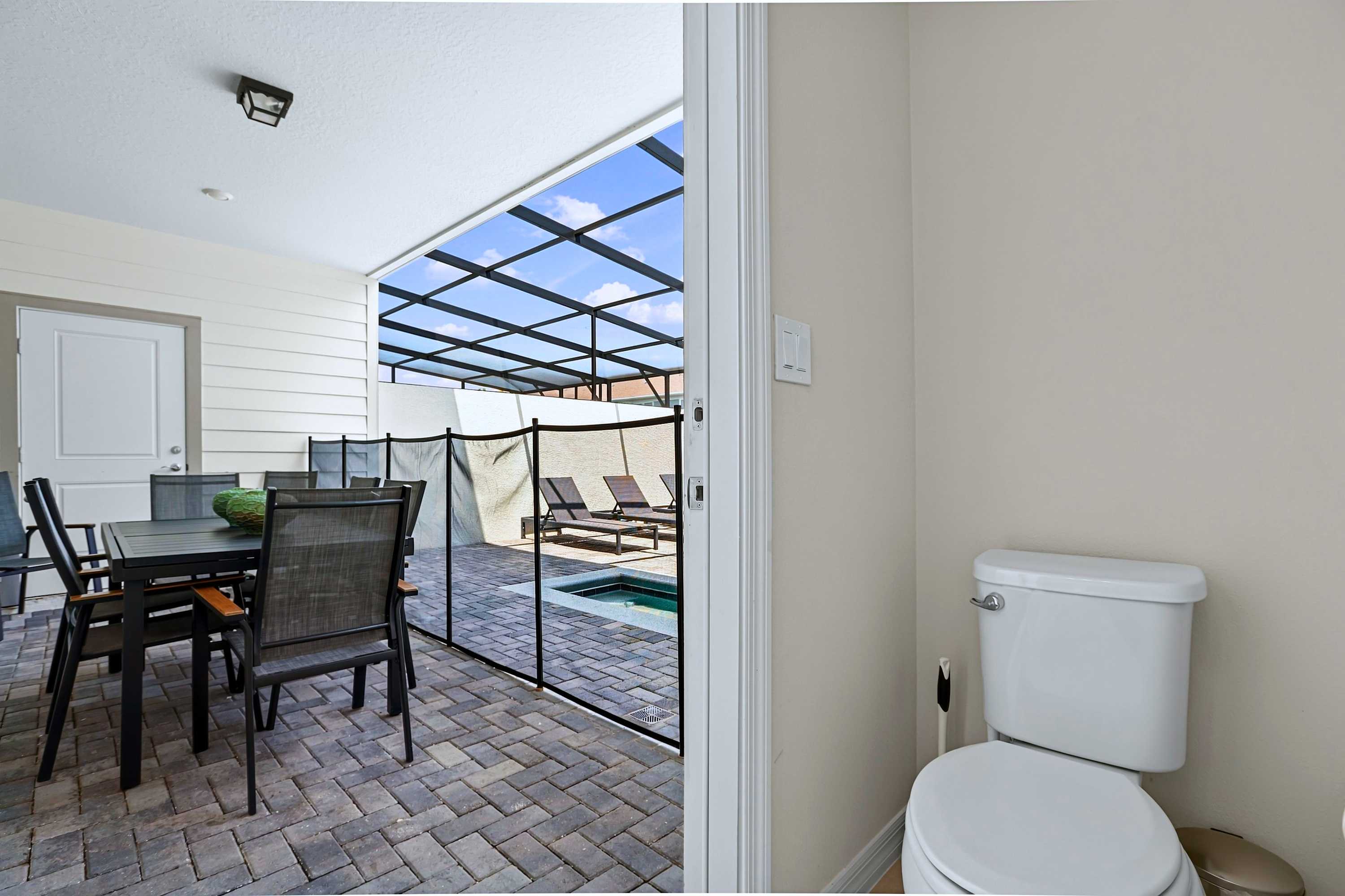 Step straight from the pool into this convenient, accessible private outdoor powder room. 