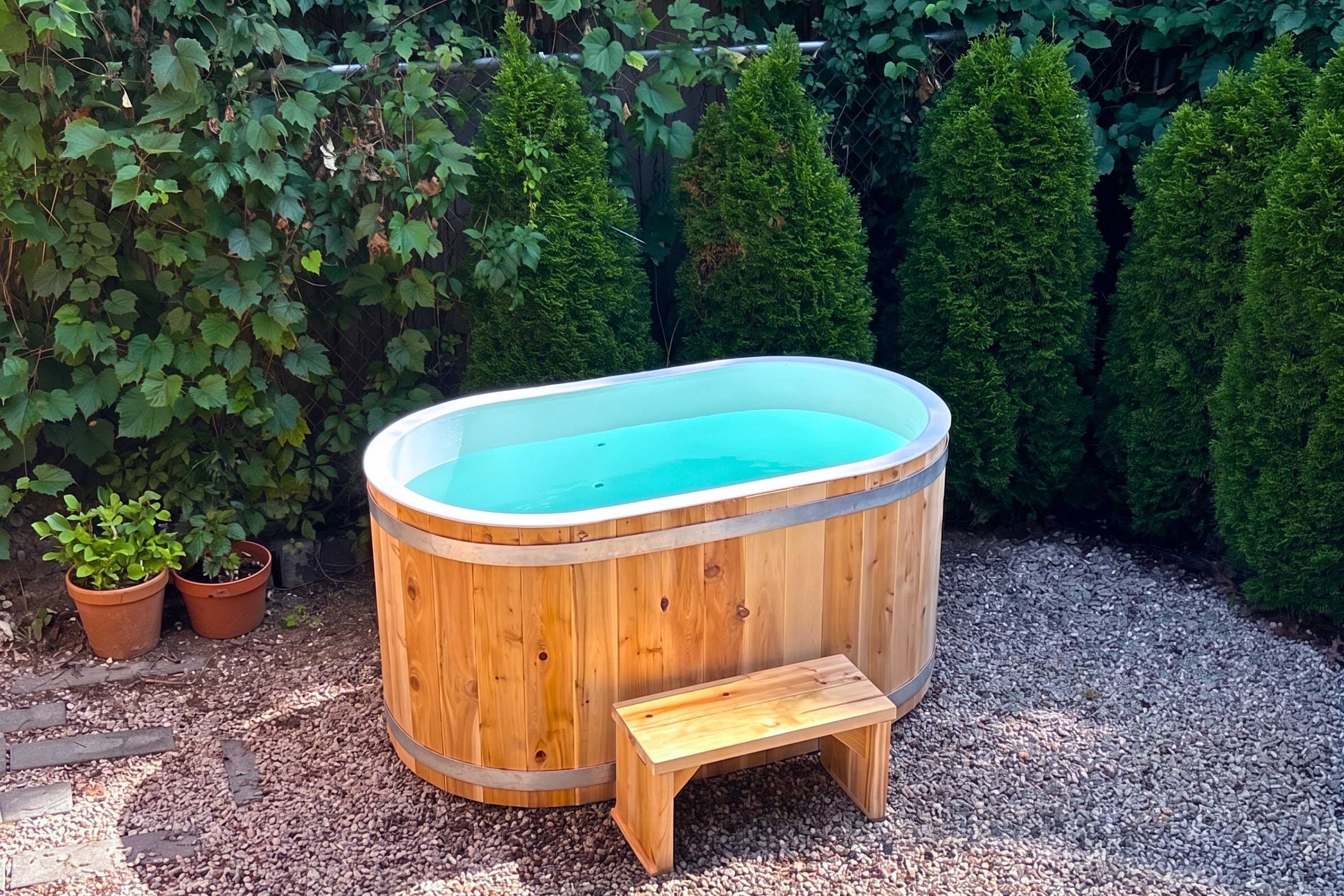 Cool down instantly: a refreshing outdoor cold plunge for the ultimate wellness reset.