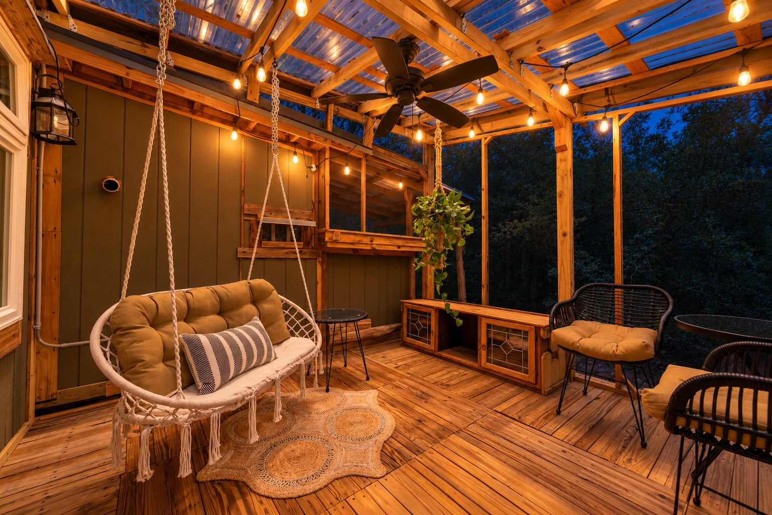 Cedar Cabin patio at night