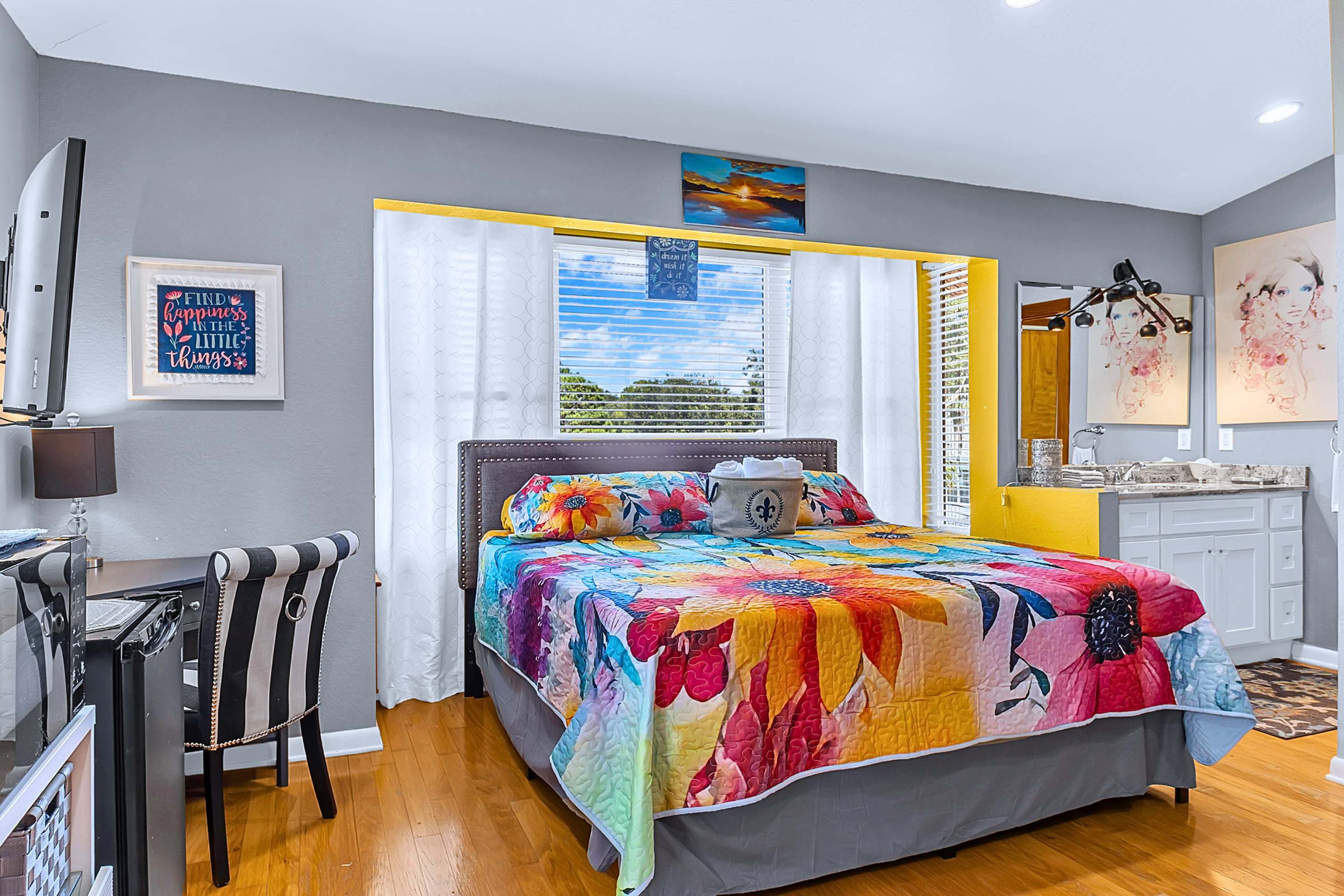Unwind in a king bed with bathroom access, dining space, and a convenient snack station.
