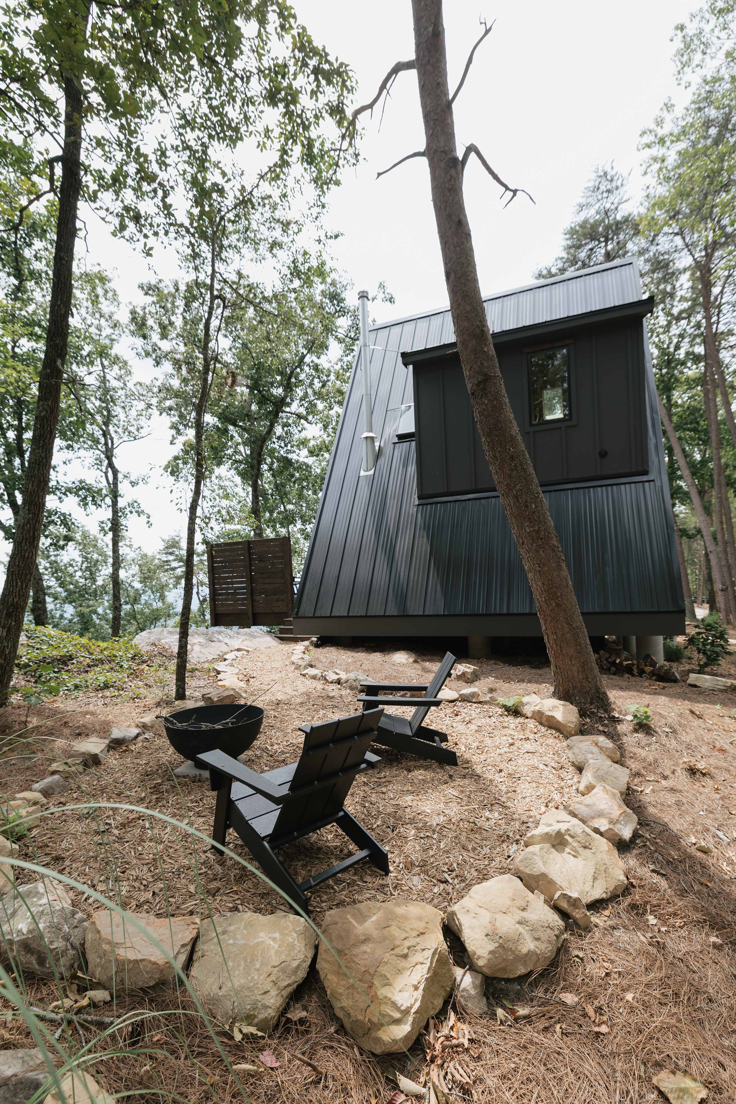 Treehouse Exterior & Stone Fire Pit Area