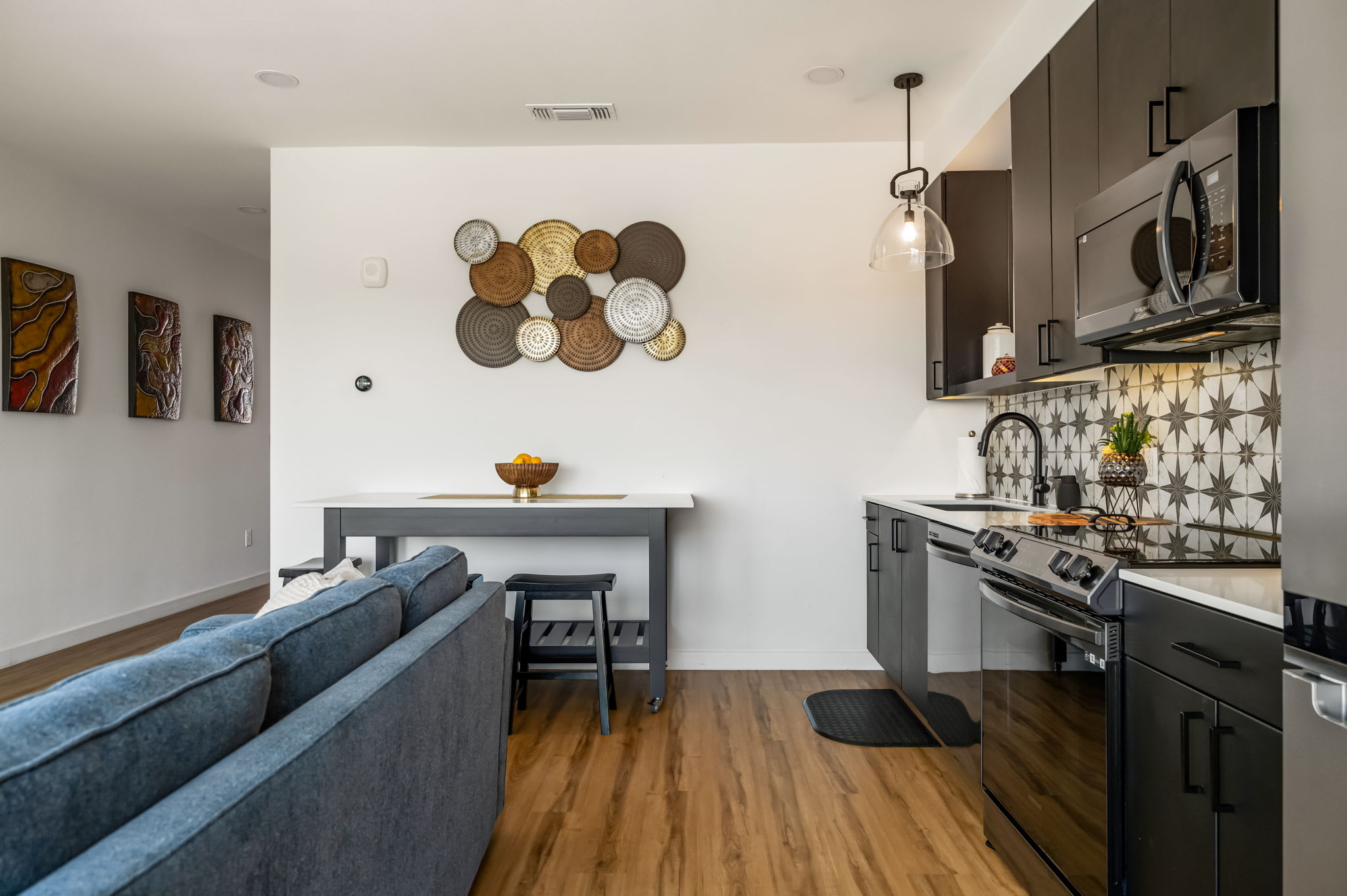 Kitchen and dining area seen from the living room