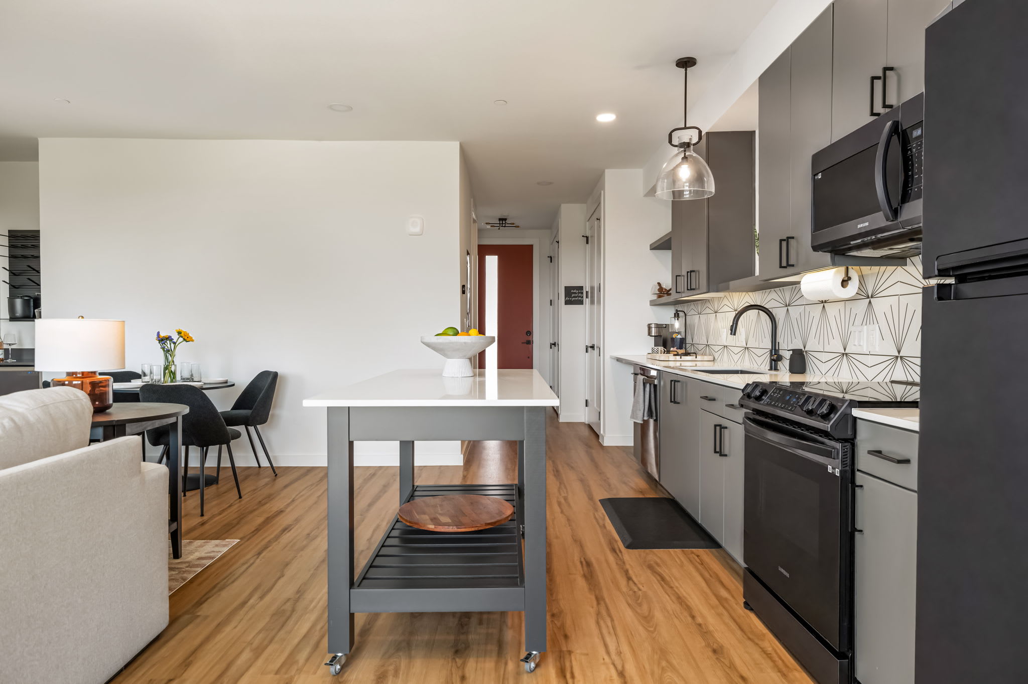Kitchen island and stainless steel appliances