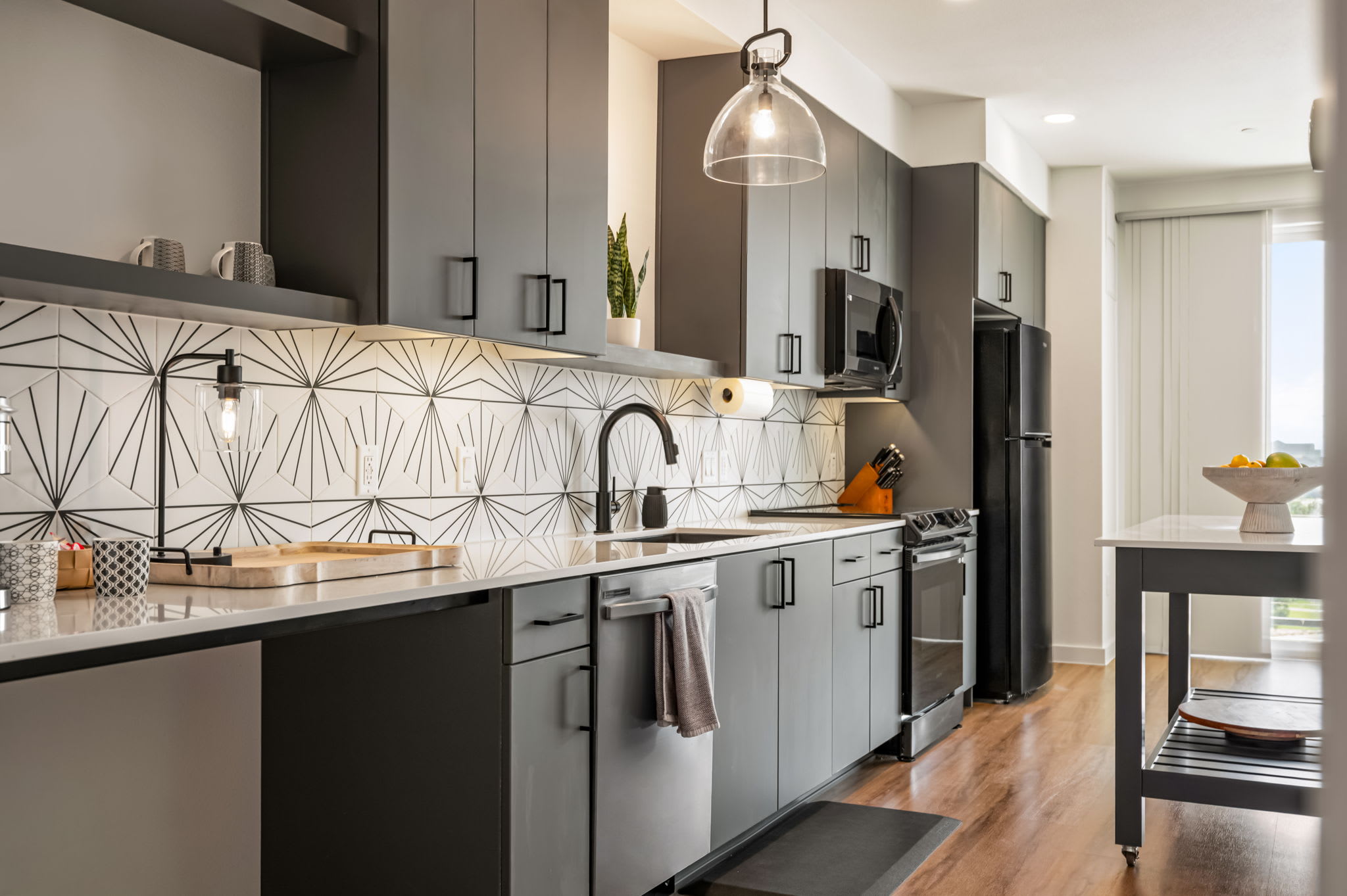 Kitchen counters and grey cabinetry
