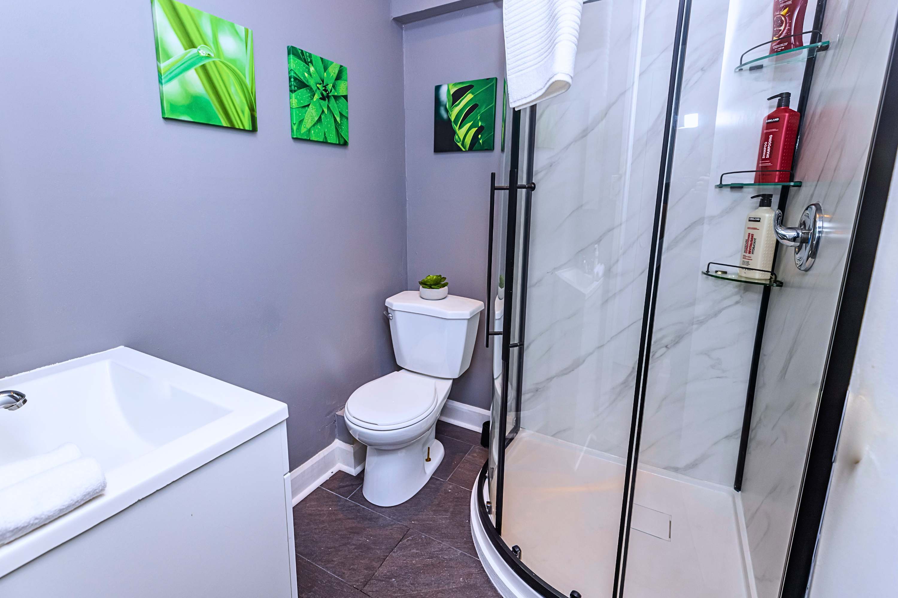 Modern bathroom featuring a walk-in shower, sink, and toilet