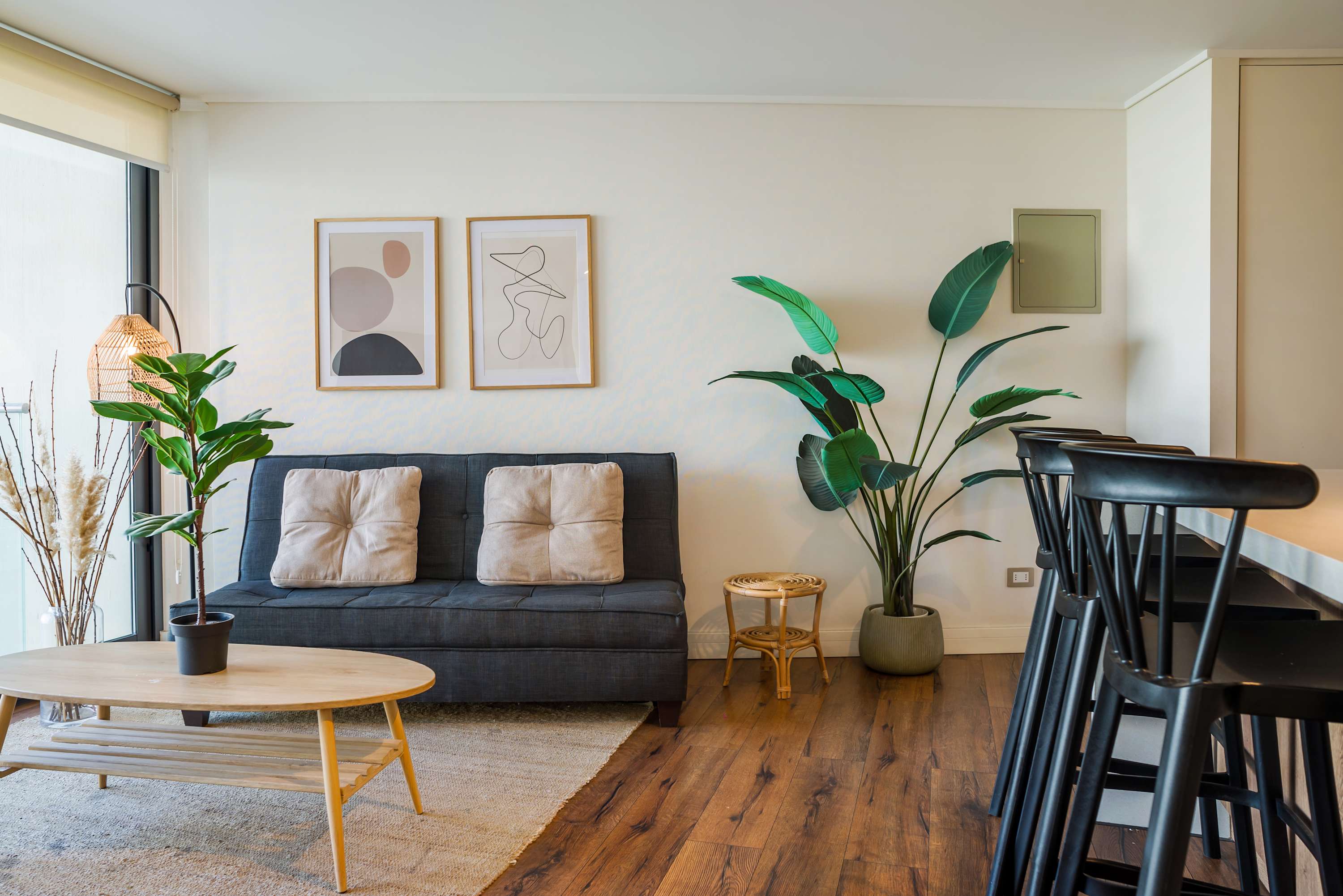 Bright living room with a charcoal sofa, cream cushions, botanical greenery, and a light wood coffee table beside the open-plan kitchen.