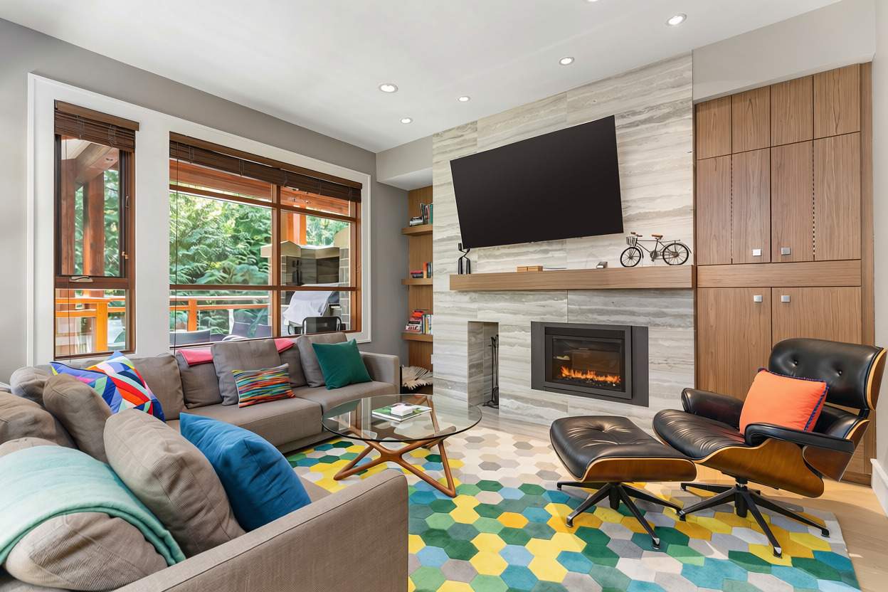 - Cozy living area with fireplace and smart TV for relaxation 
- Bright space with colourful accents and modern mountain vibe 
- Gather here after ski adventures or peaceful forest walks 
