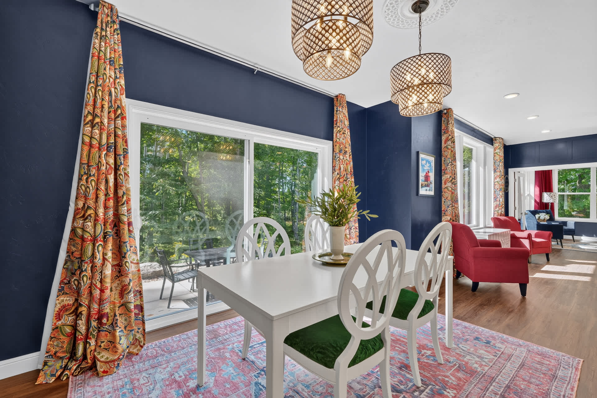 Dining table seating for 4-6. Extra Chairs around house