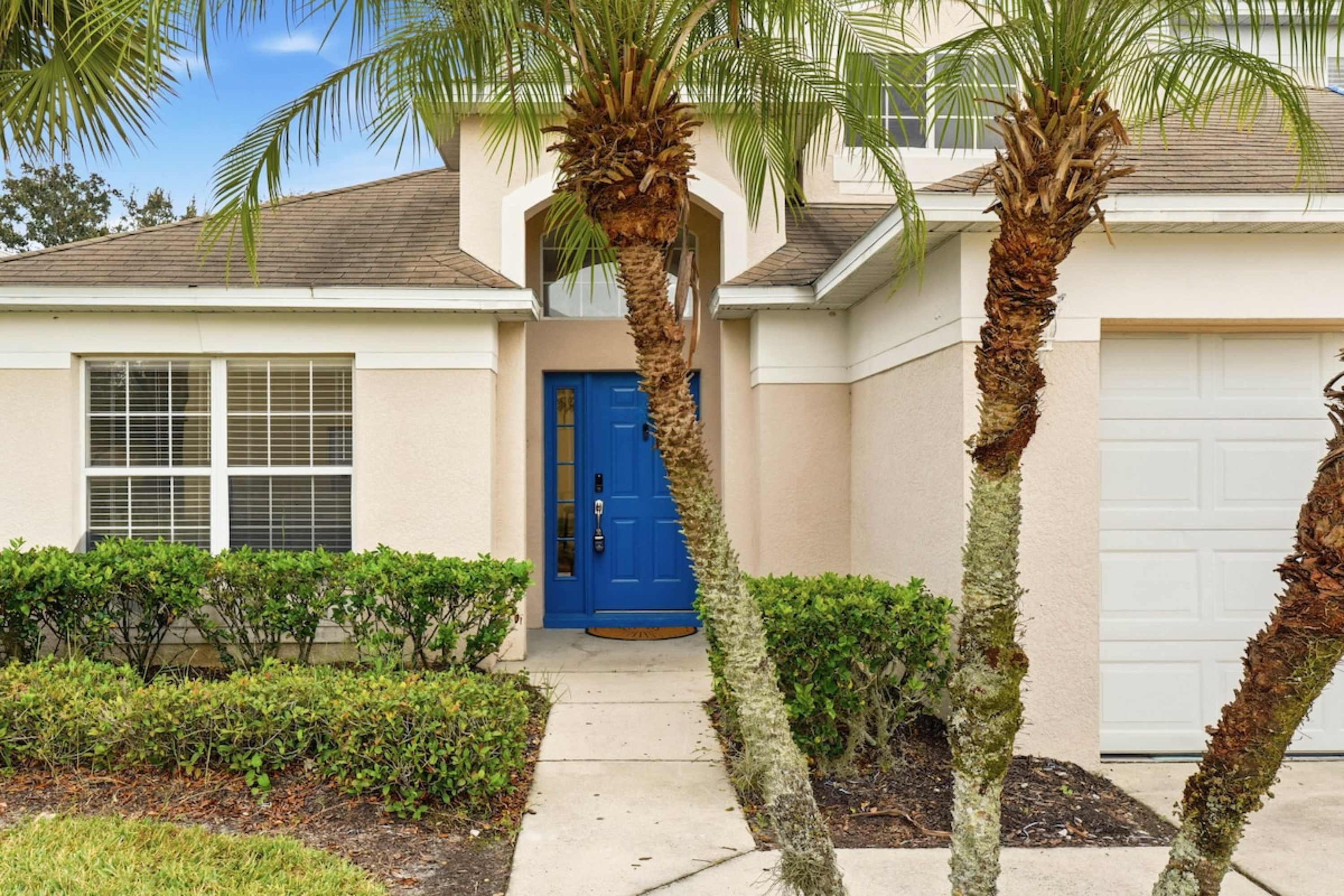 Charming front entrance with lush palm trees and private walkway.