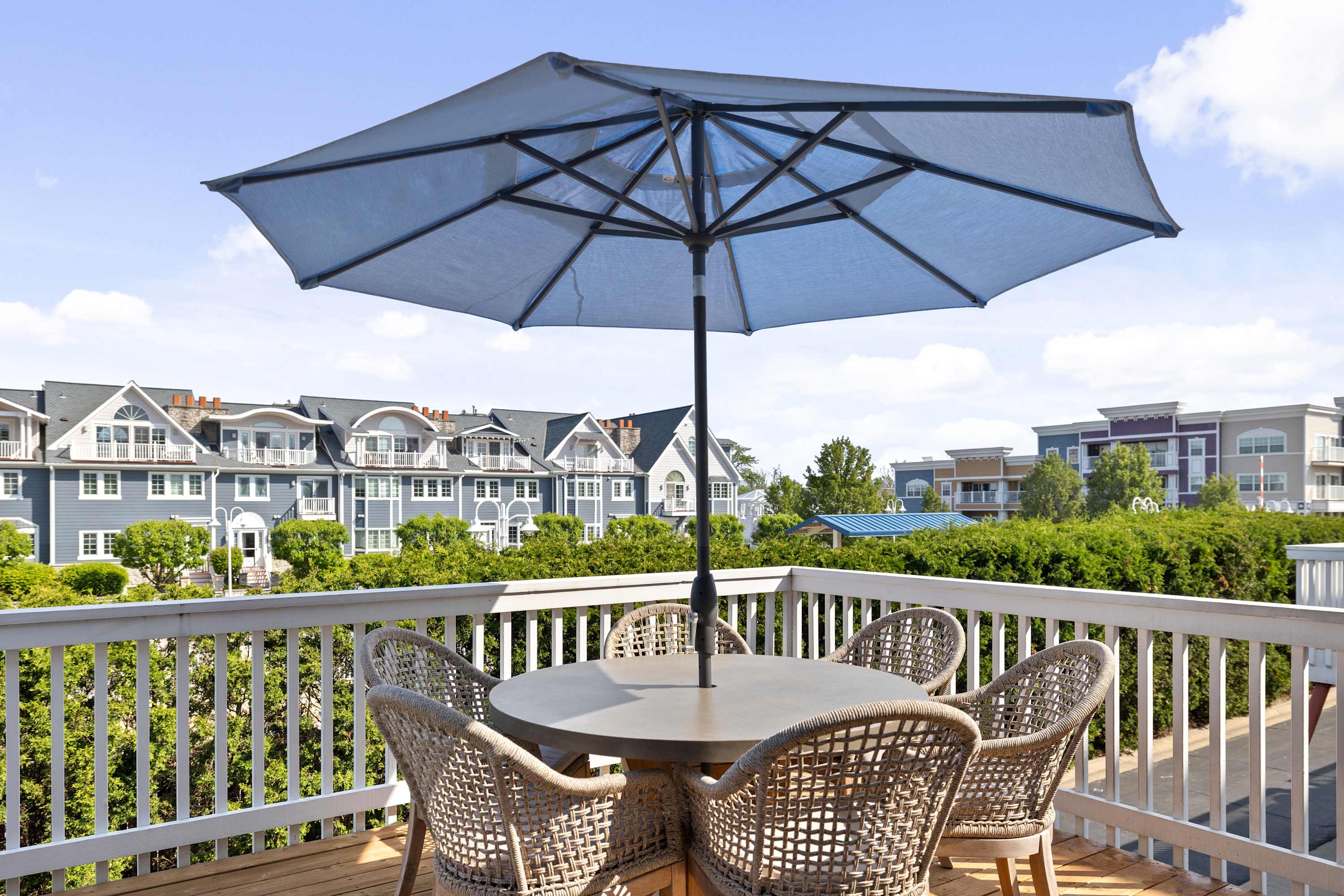 Shaded table for alfresco dinners on the Sea Glass deck.