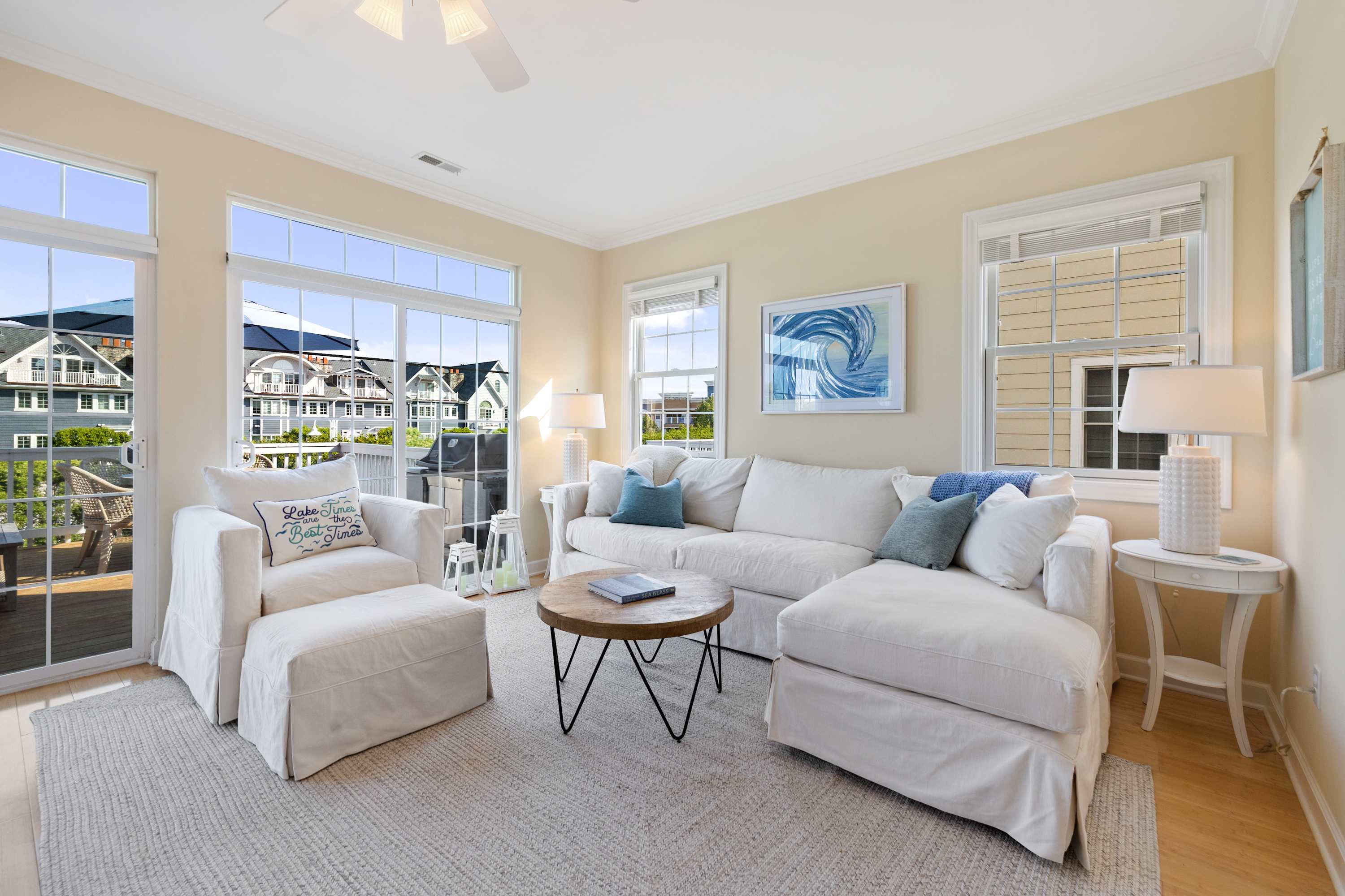 Sea Glass living room with natural light and seating for the whole group.