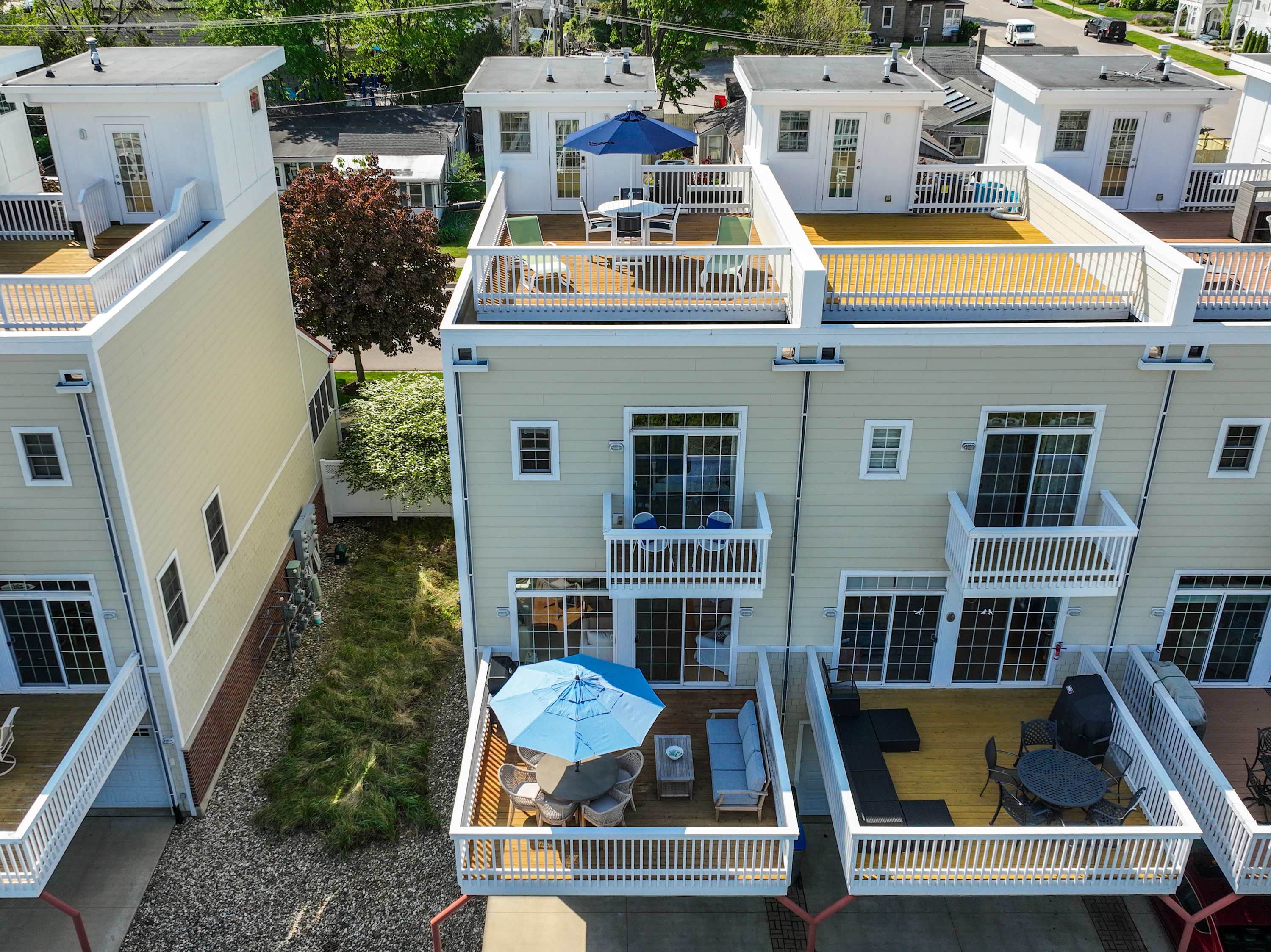 Outdoor space on three levels, from the patio up to the rooftop deck.