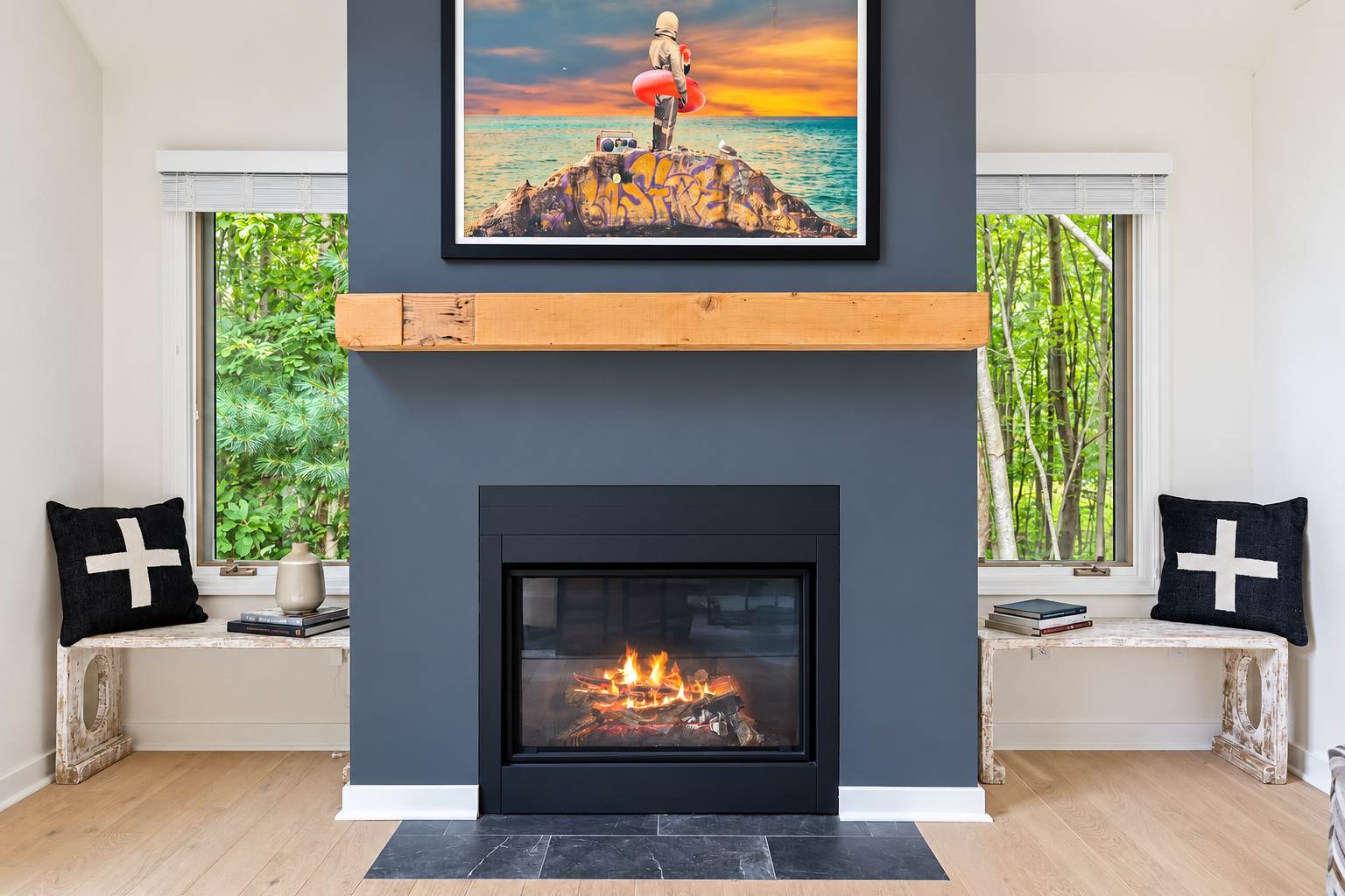 A wood-burning fireplace makes cooler Michigan evenings feel cozy