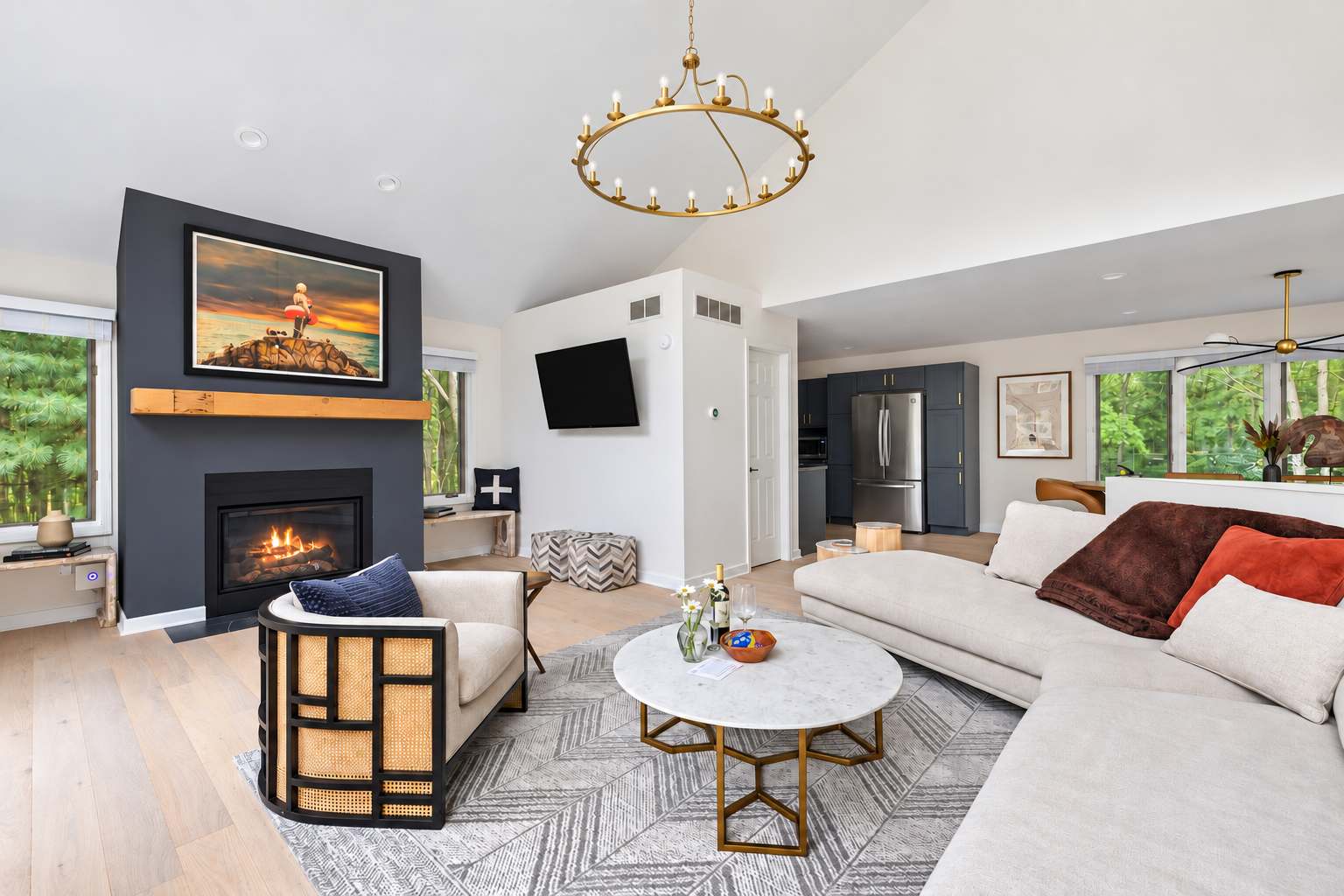 Settle in by the fireplace after a day exploring Saugatuck