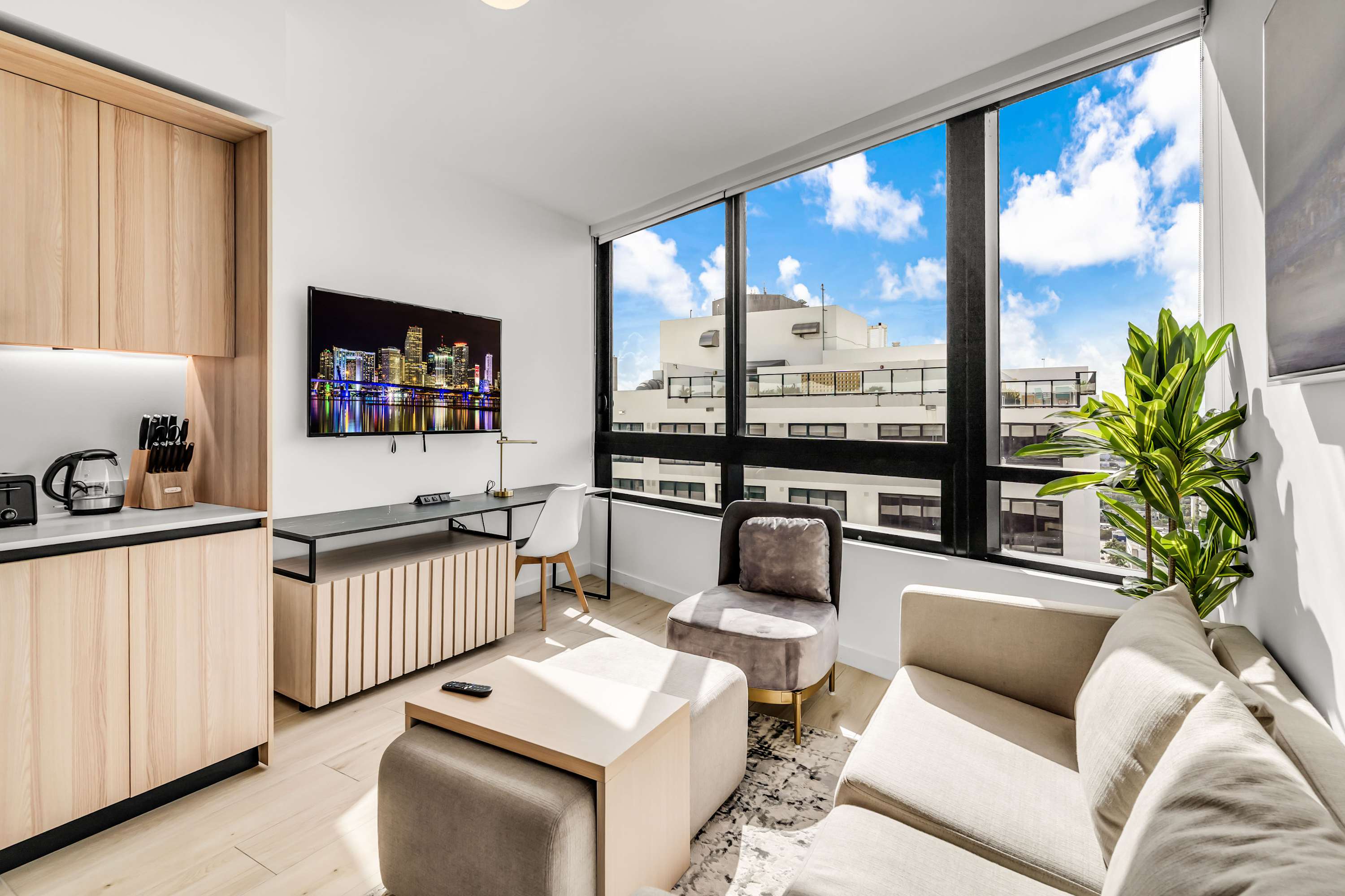Unwind in the airy living room & stream your favorites on the smart TV​