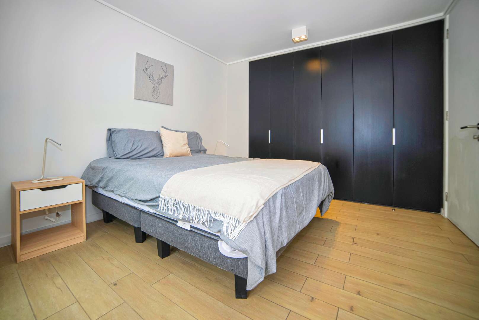 Private bedroom with a neatly made double bed, soft fringed throw, minimalist deer artwork, and a full-height built-in wardrobe for convenient storage.