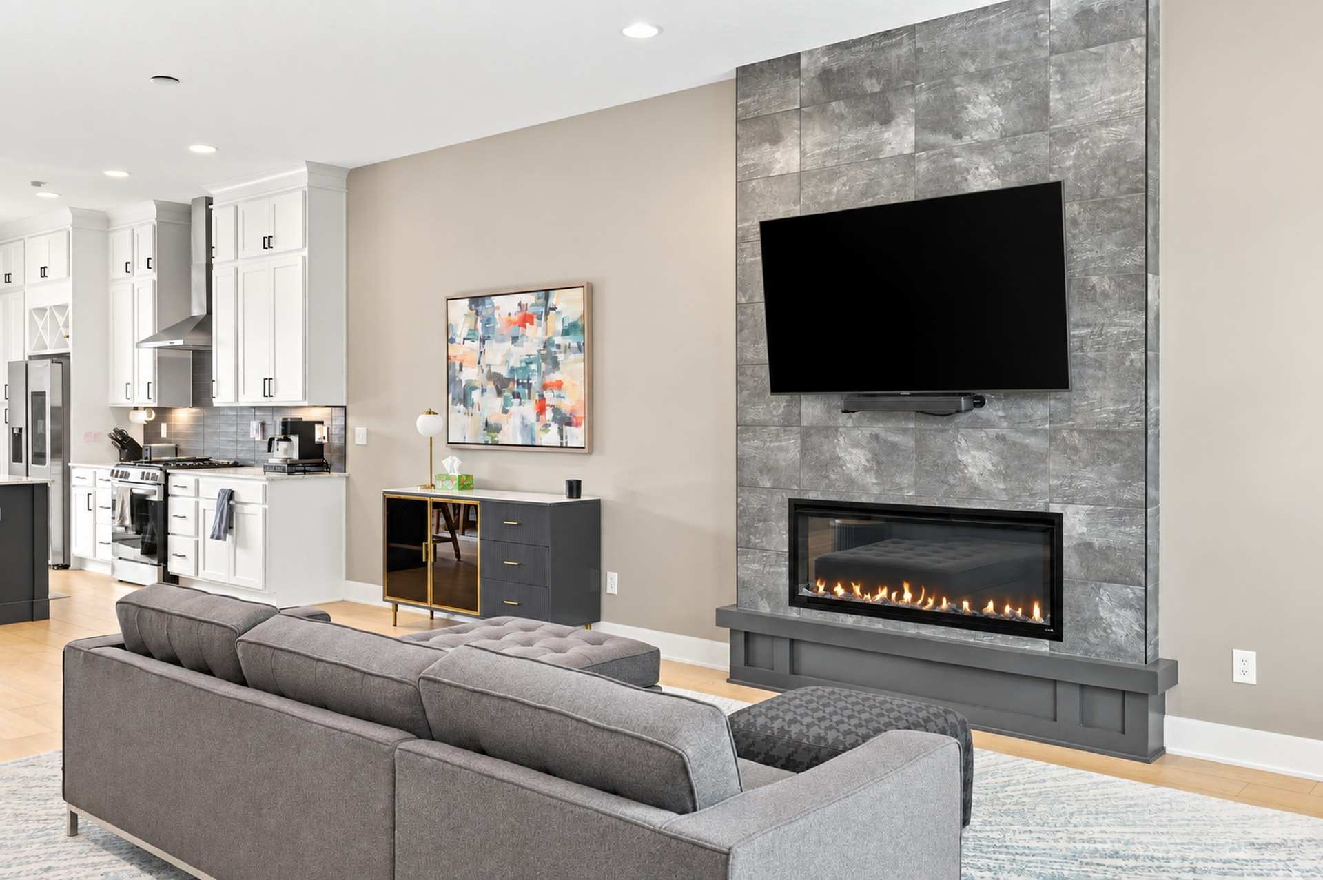 A fireplace and smart TV set the scene for cozy nights at home