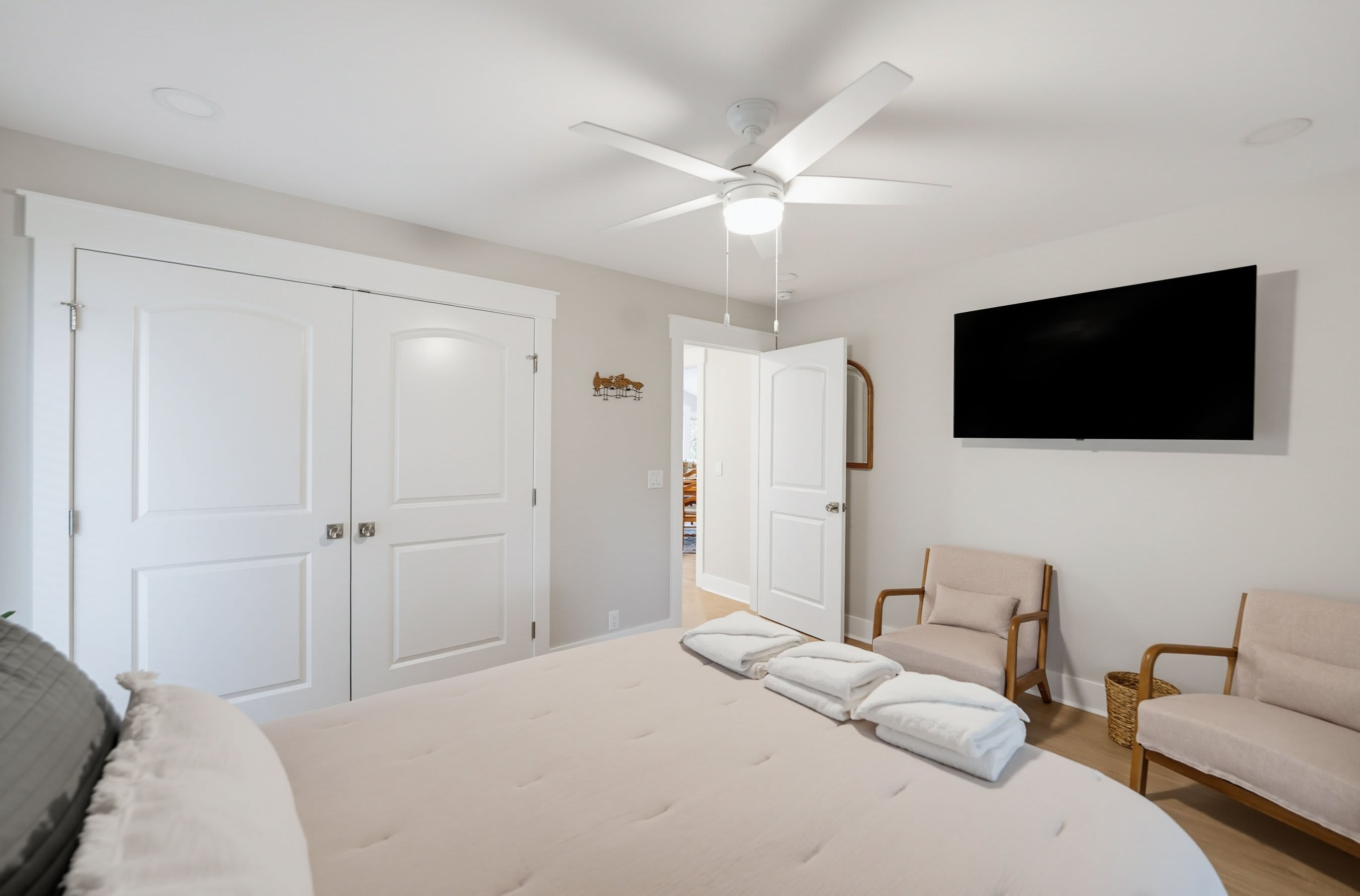 Queen Bedroom off Living Room with Full Hallway Bathroom and Access to Front Porch