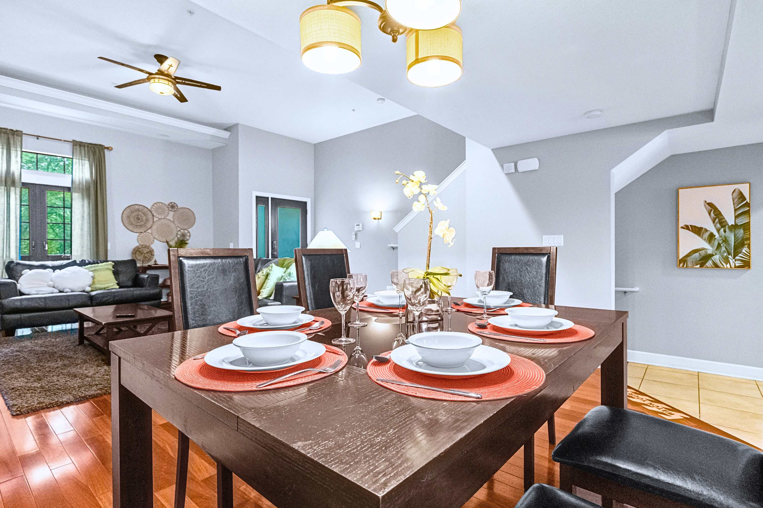 A central dining table designed for family gatherings and group meals