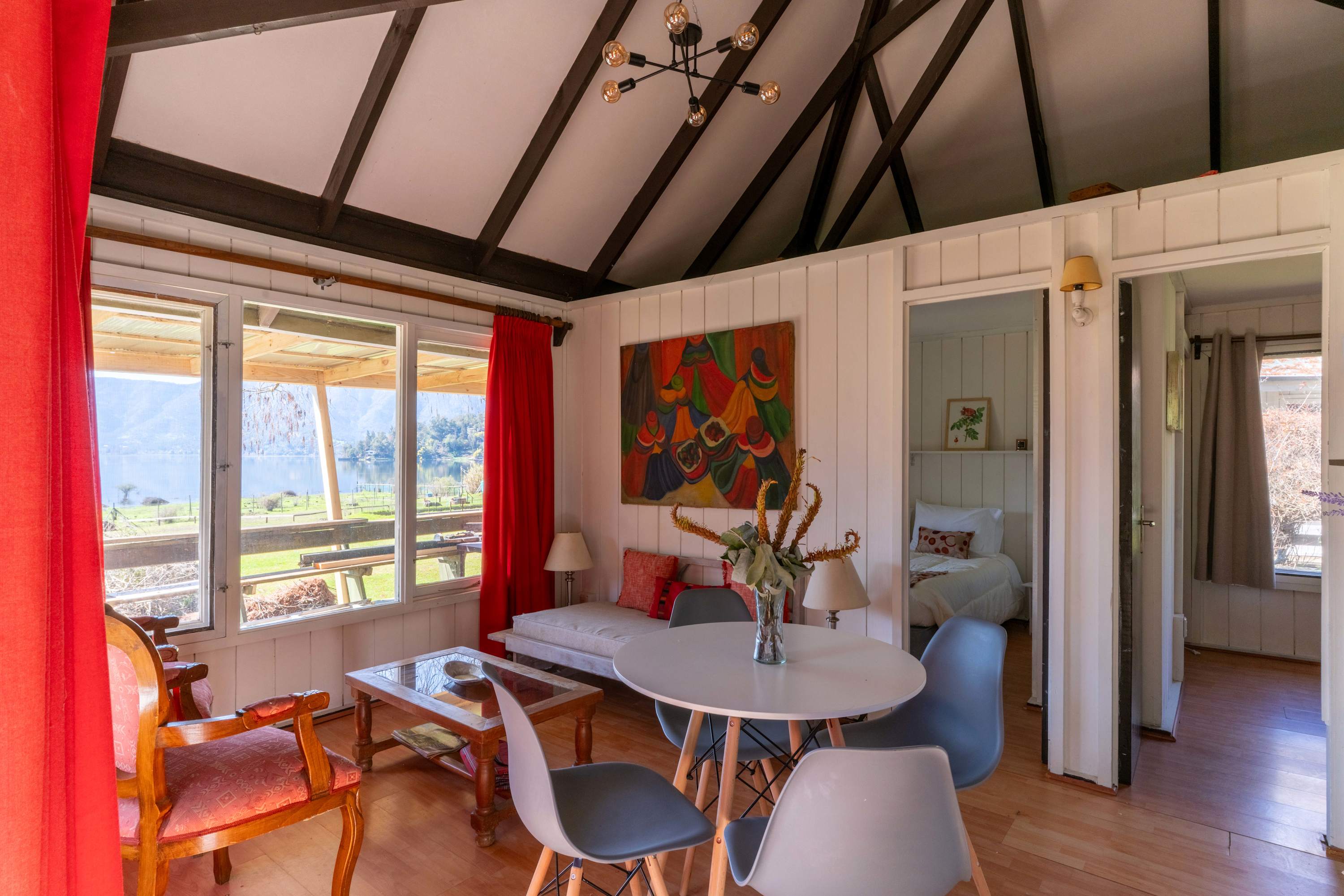 Living and dining area with lagoon view