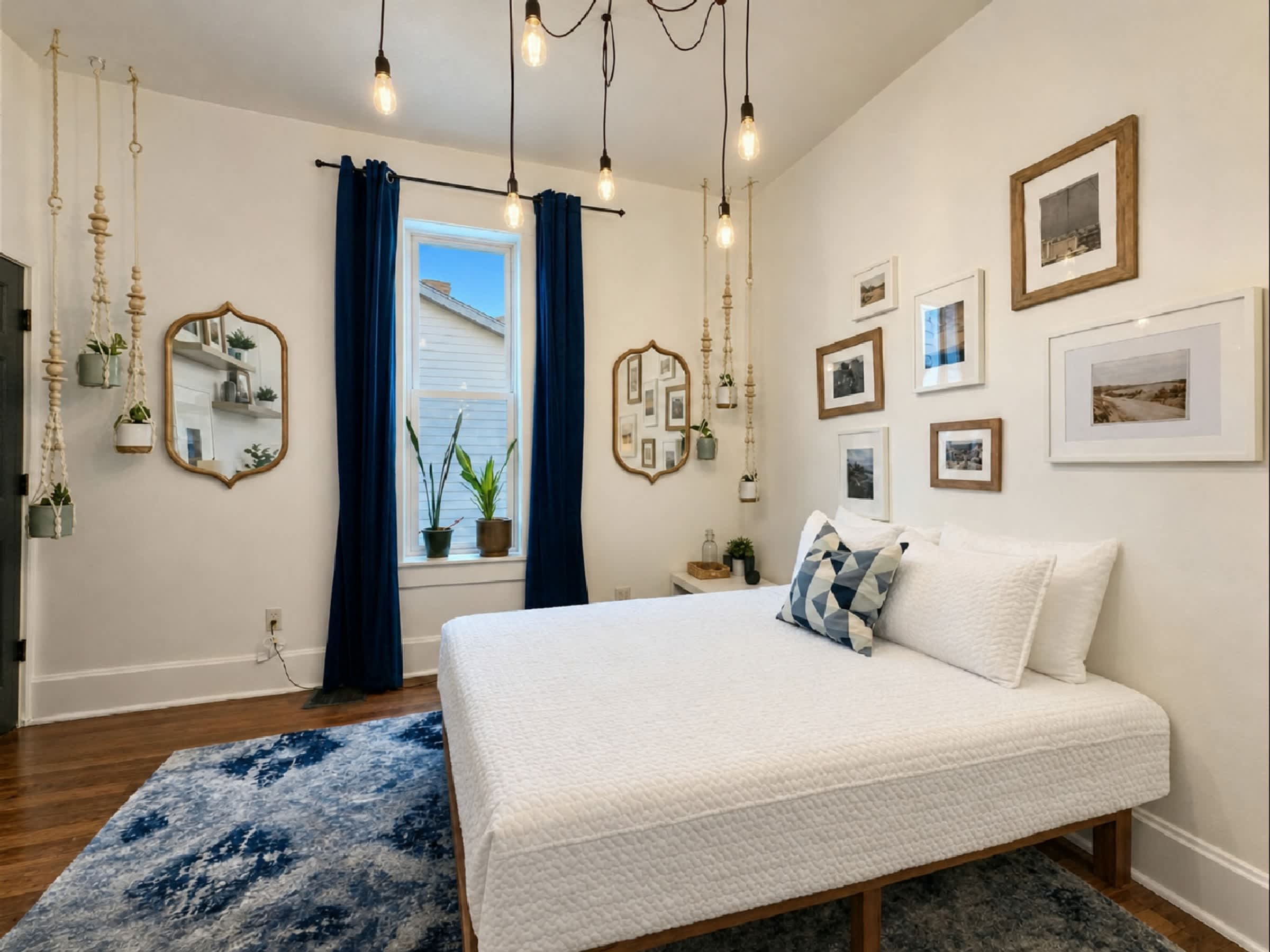 Enjoy the inviting queen bedroom with stylish lighting and decorative accents