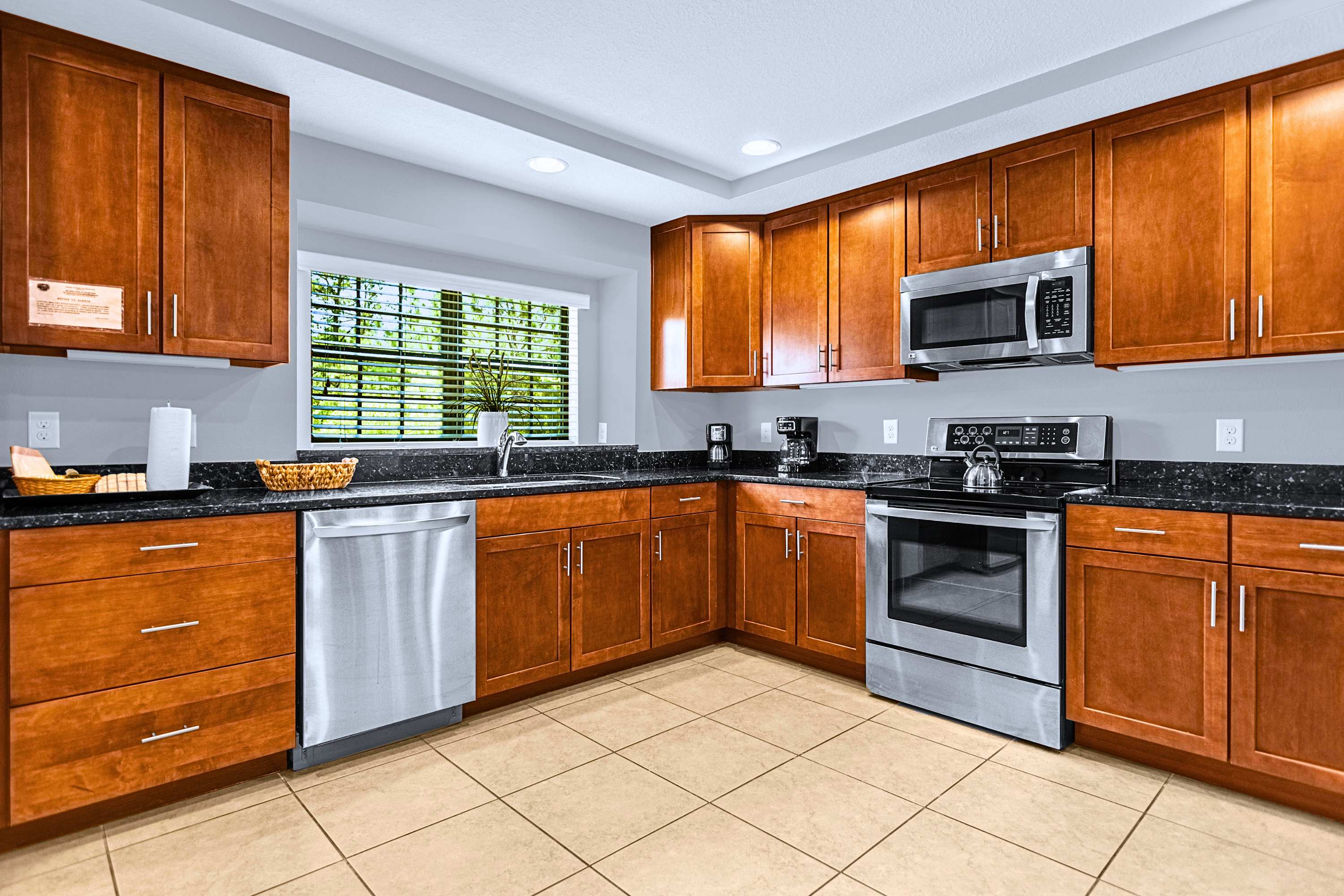 A spacious kitchen layout featuring generous prep space and high-end finishes