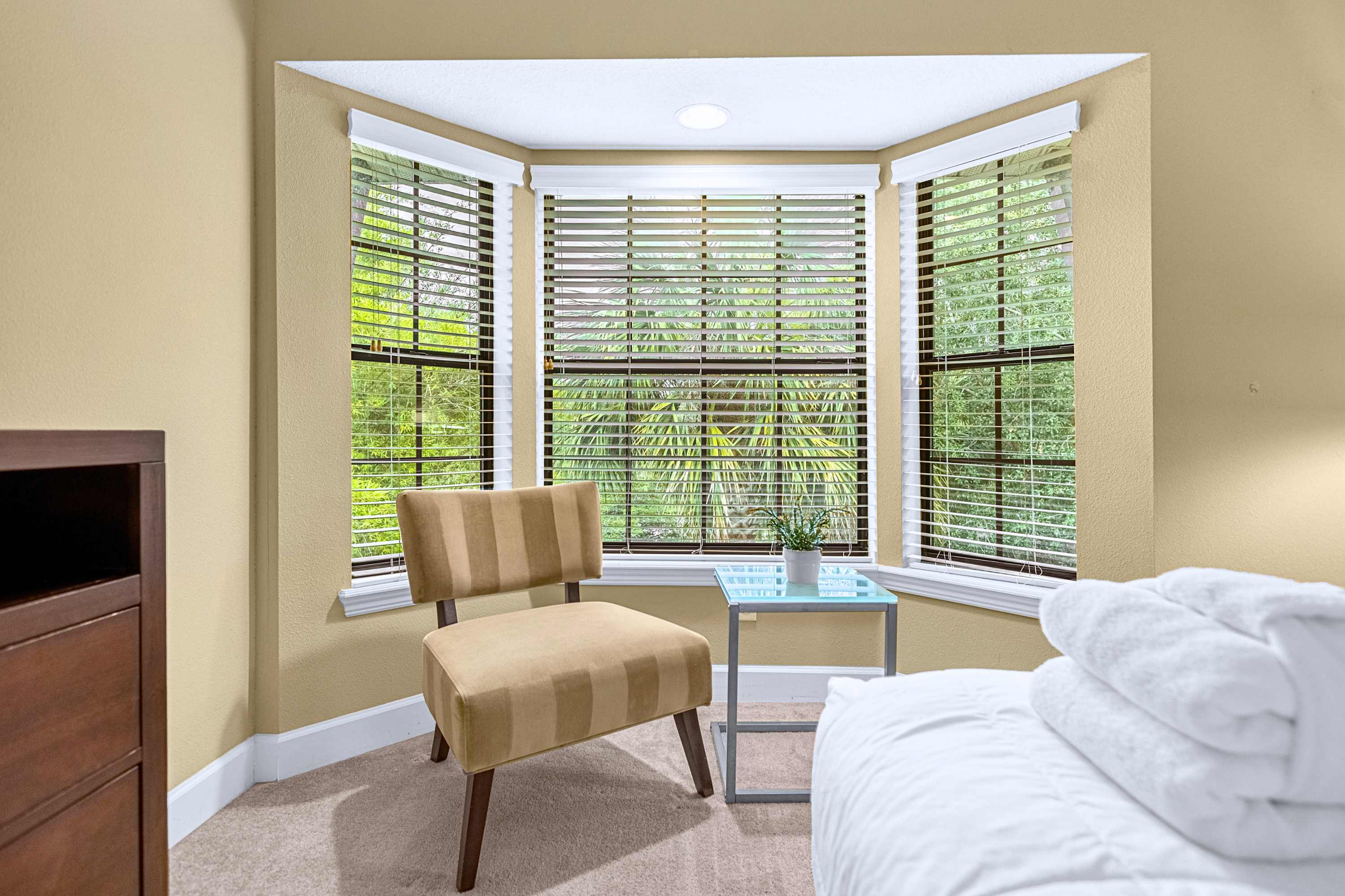 A quiet seating corner beside sunlit windows for peaceful reading