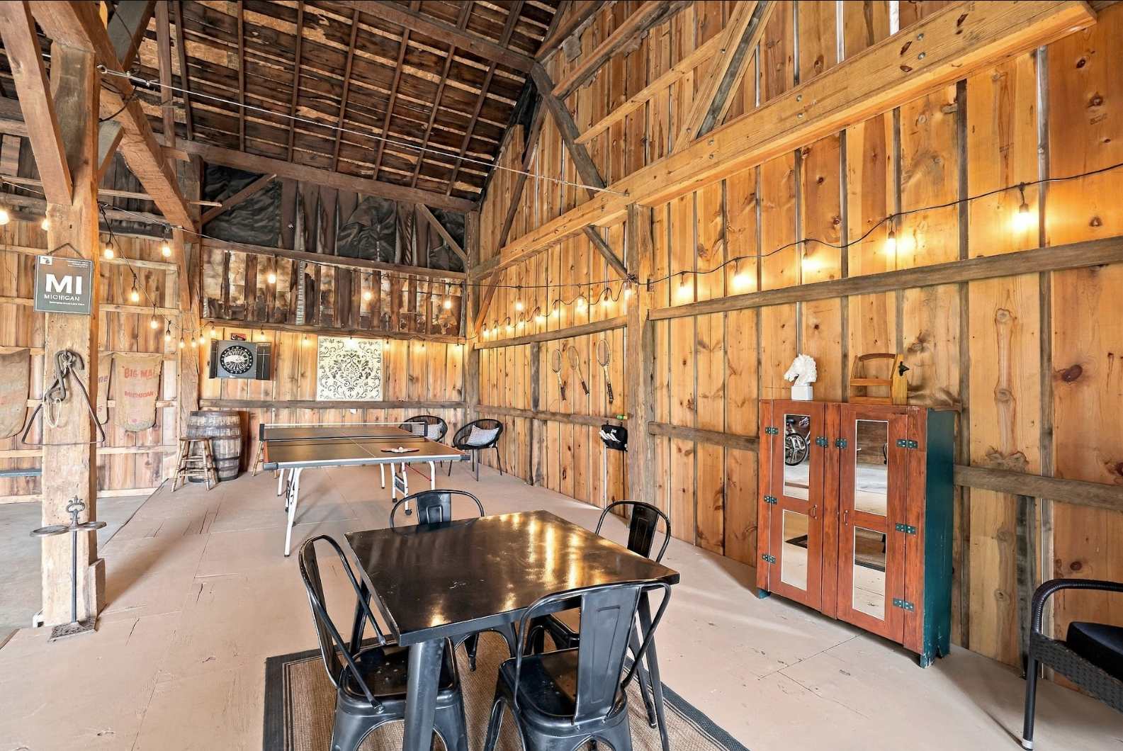Open timber frame barn in Harbor Country with room for games and gathering.