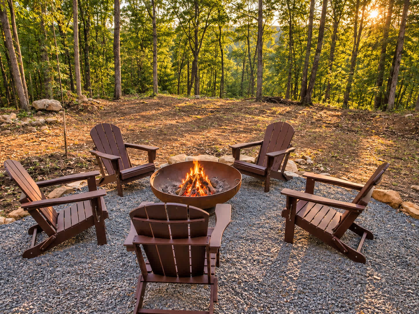 Adirondack chairs around the backyard fire pit