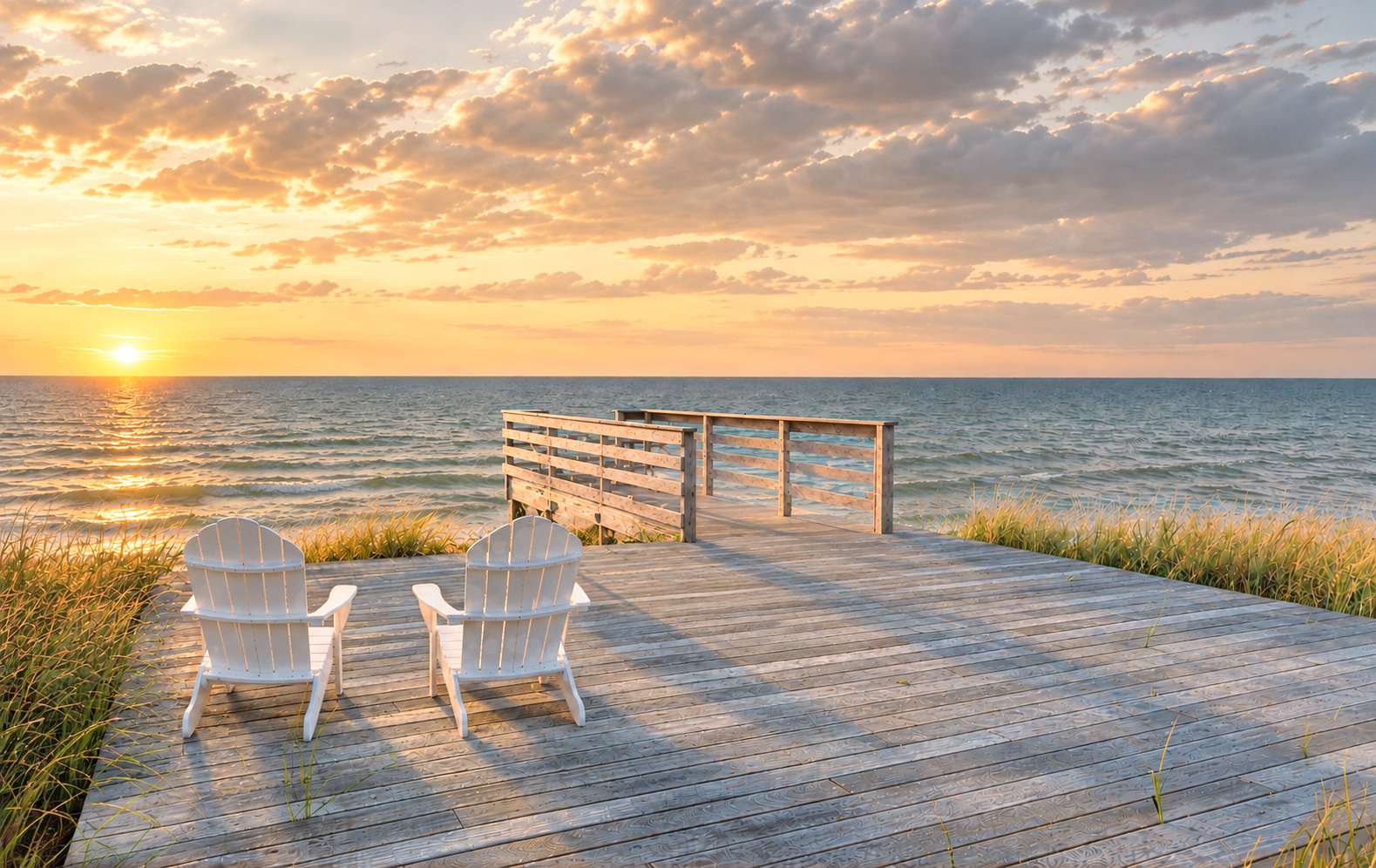 Take in Lake Michigan sunsets from the waterfront deck