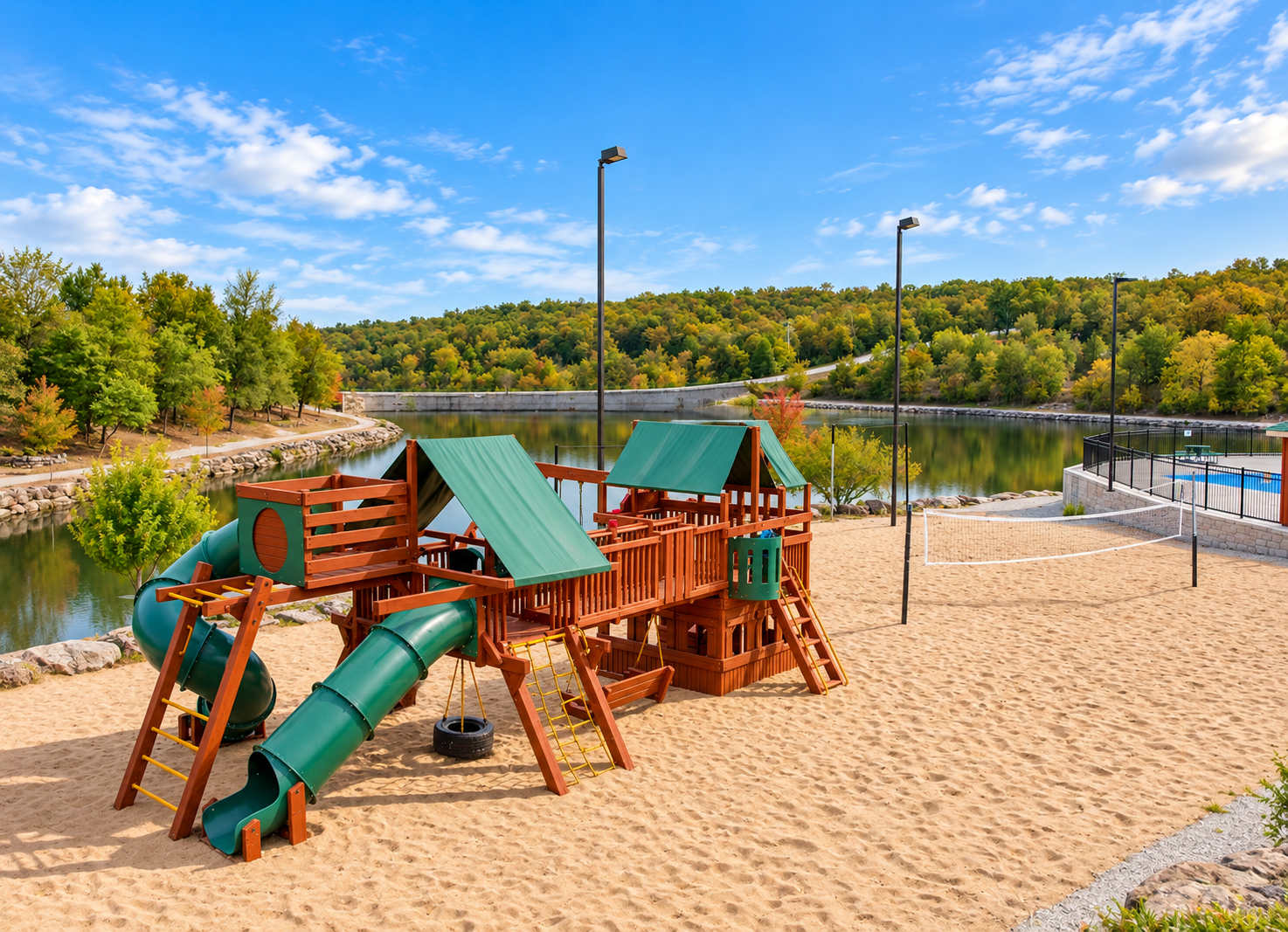 Walk to Playground and volleyball court and Pool Pavilion