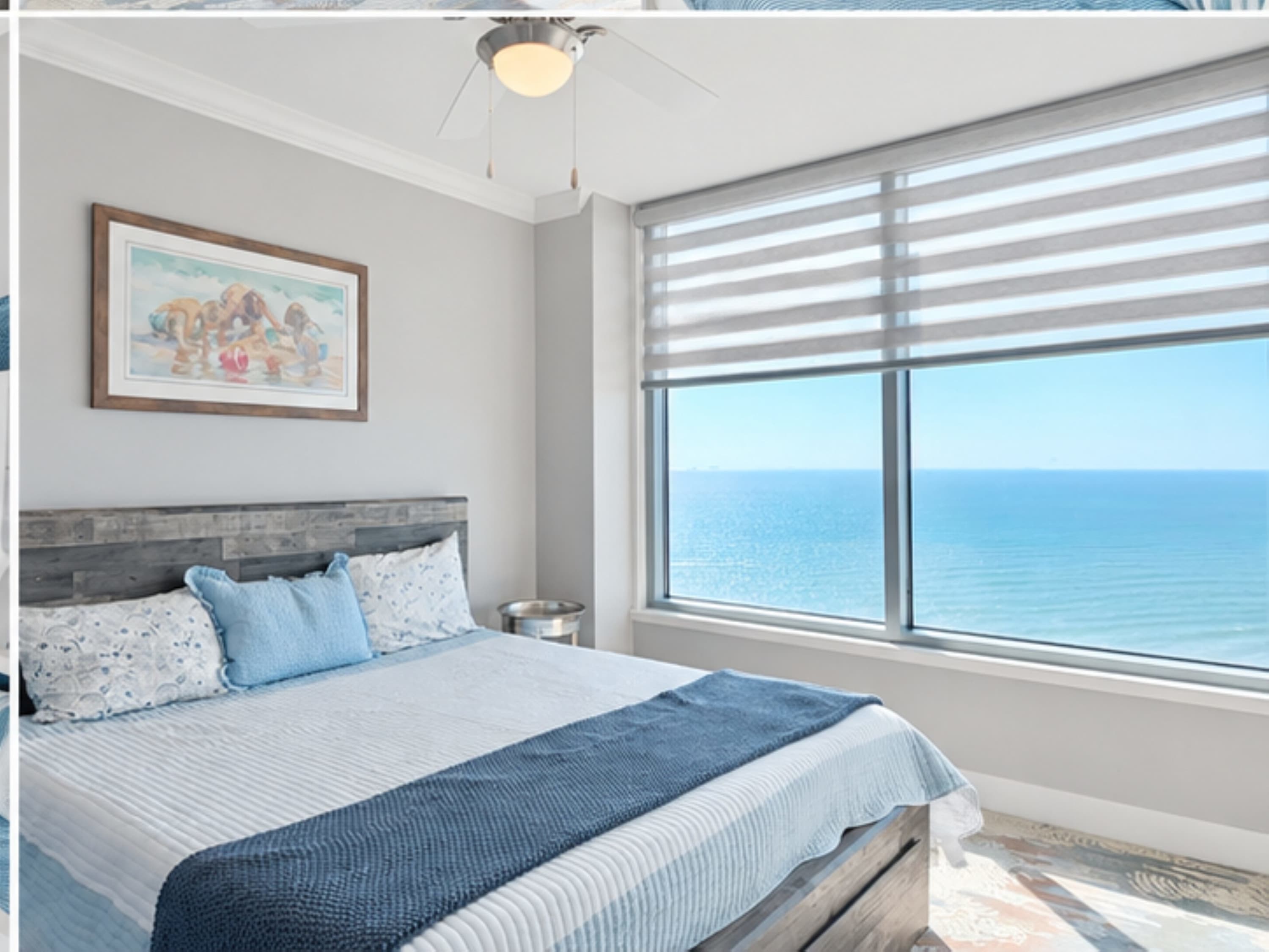 Enjoy a relaxing coastal retreat in the king bedroom with a Smart TV and views overlooking the beach and ocean